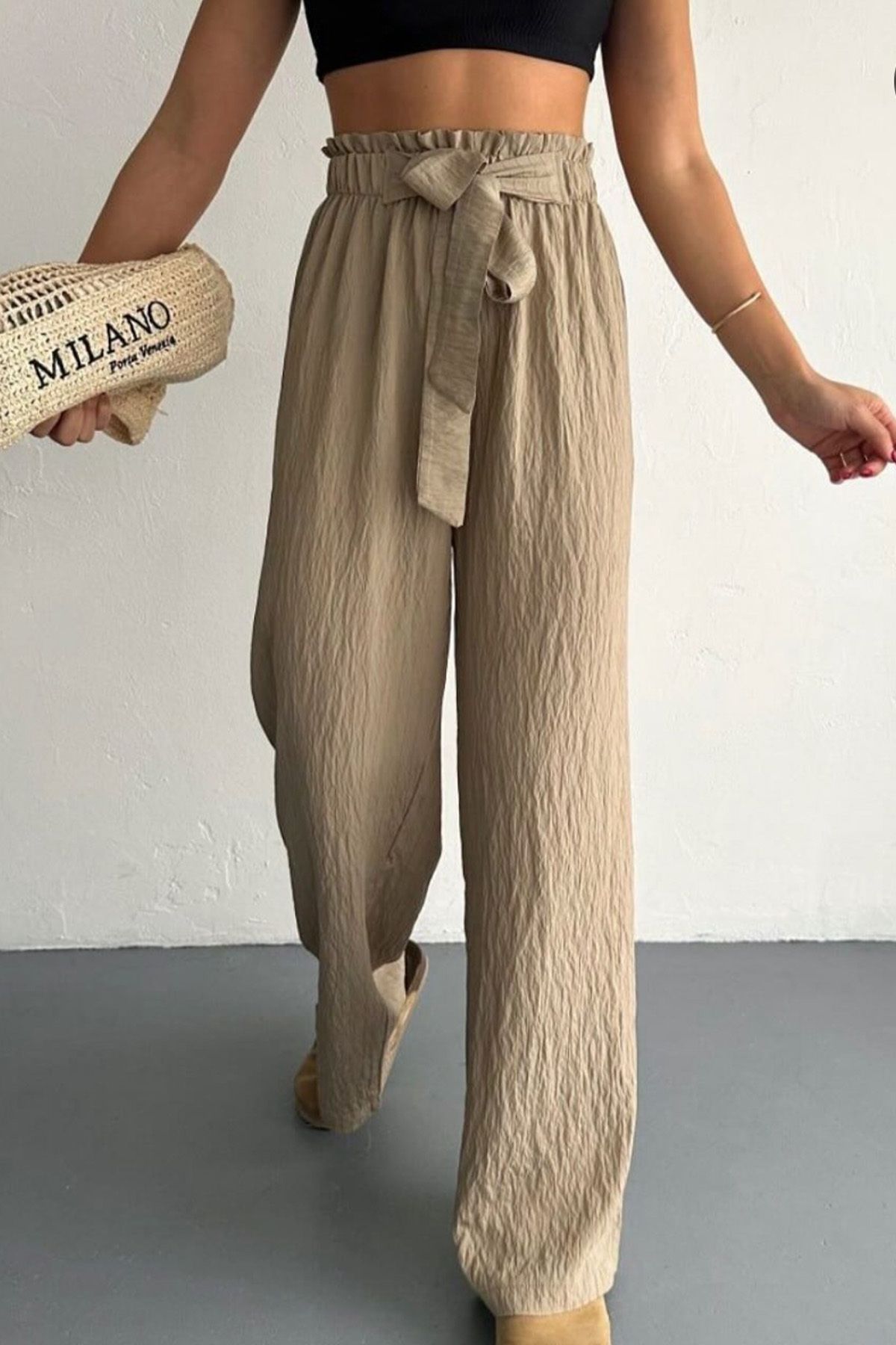 ESSFASIHON Beli Lastikli Bağcıklı Geniş Paçalı Pantolon