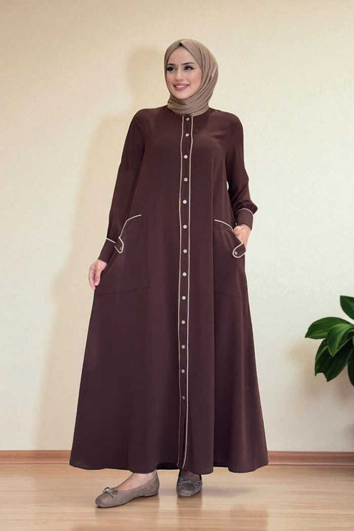 Bym Fashion Boydan Düğmeli Ferace Elbise 3975 Kahverengi