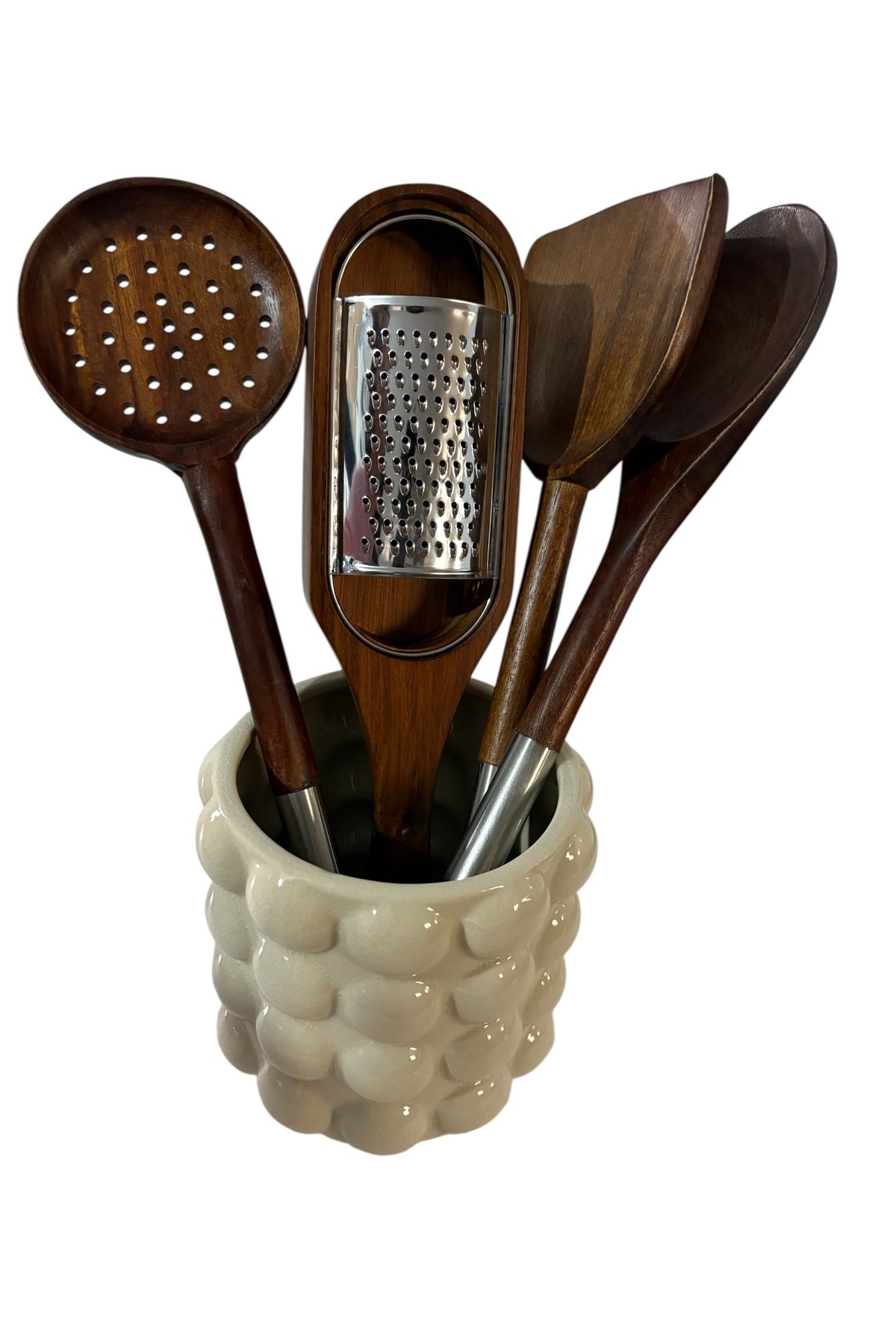 MİEN Akasya kaşık spatula rende seti 5 parça-Akasya set ve seramik stand
