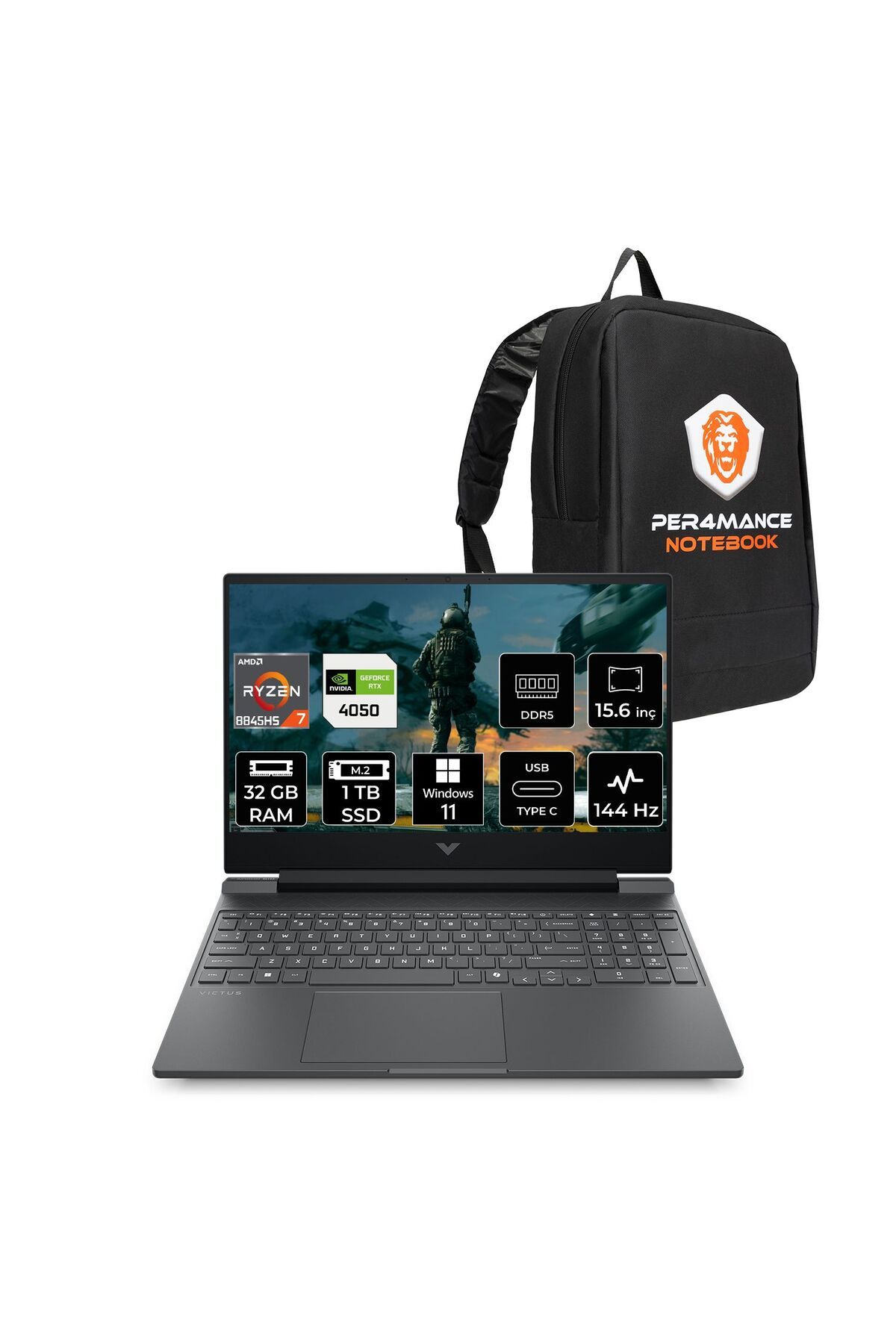 HP Victus 15 R7 8845HS 32GB DDR5 1TB SSD RTX4050/6GB 15.6'' 144Hz W11H Gaming Laptop & PER4 ÇANTA