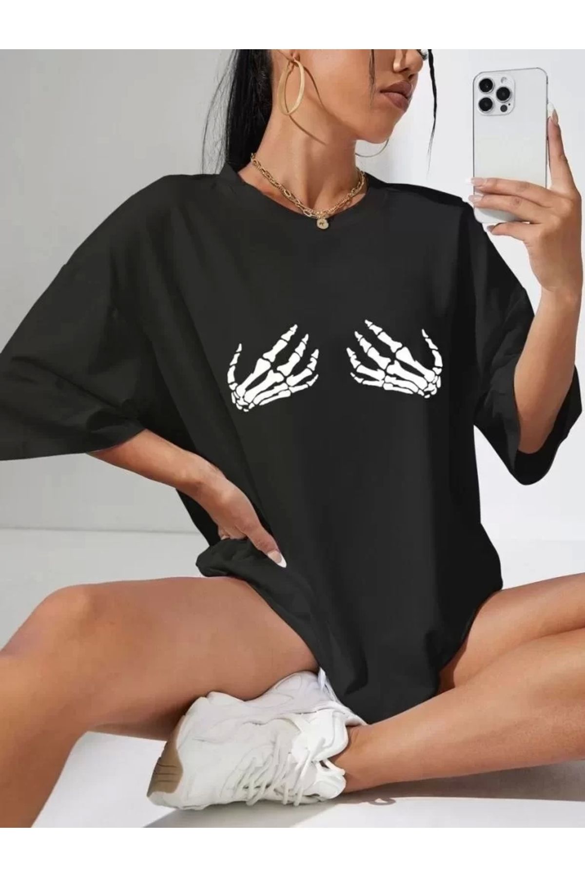 AE Stil Baskılı Kadın T-shirt - Siyah