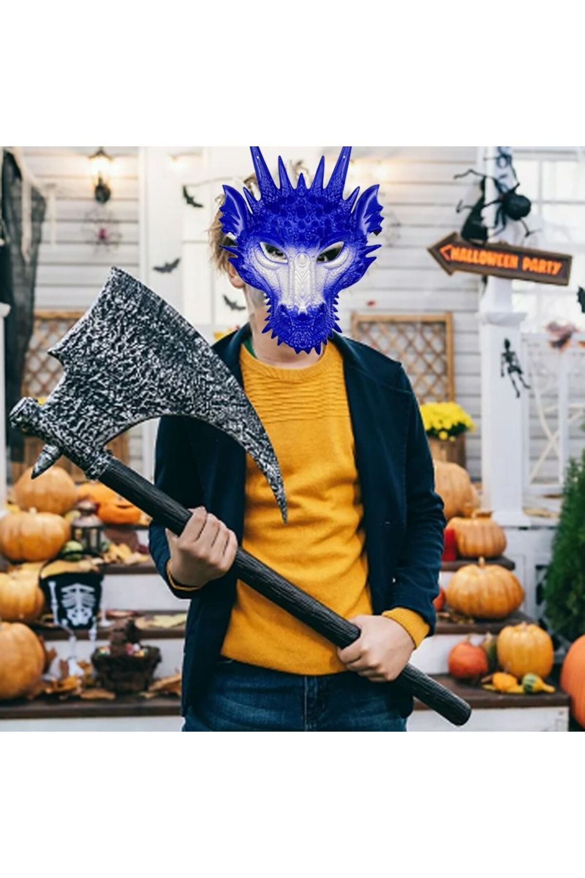 partidolu Halloween Sert Plastik Arkadan Lastikli Mavi Renk 3D Dragon Ejderha Maskesi