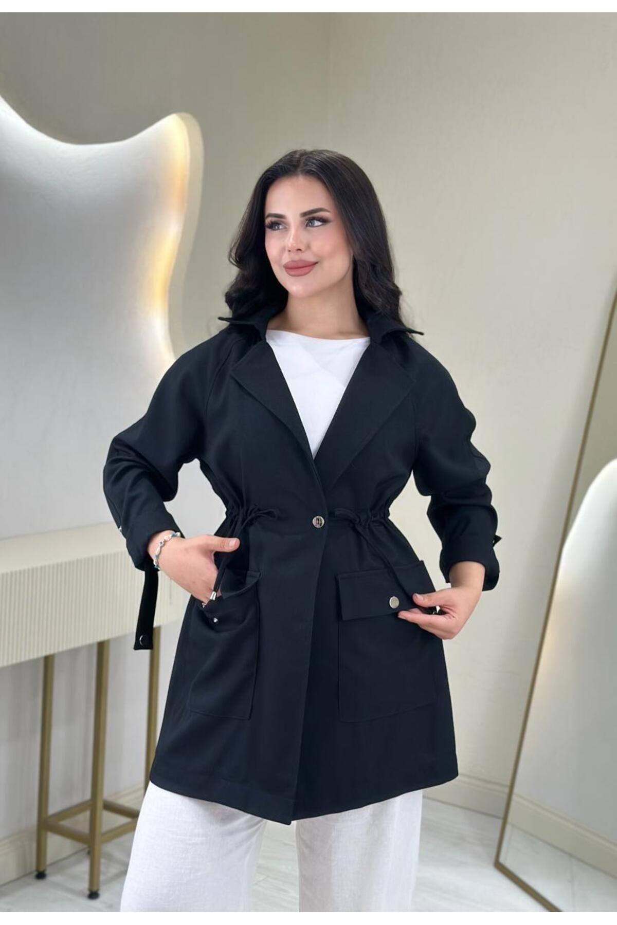 Jupe Ayarlanabilir Lastik Detaylı Keten Ceket