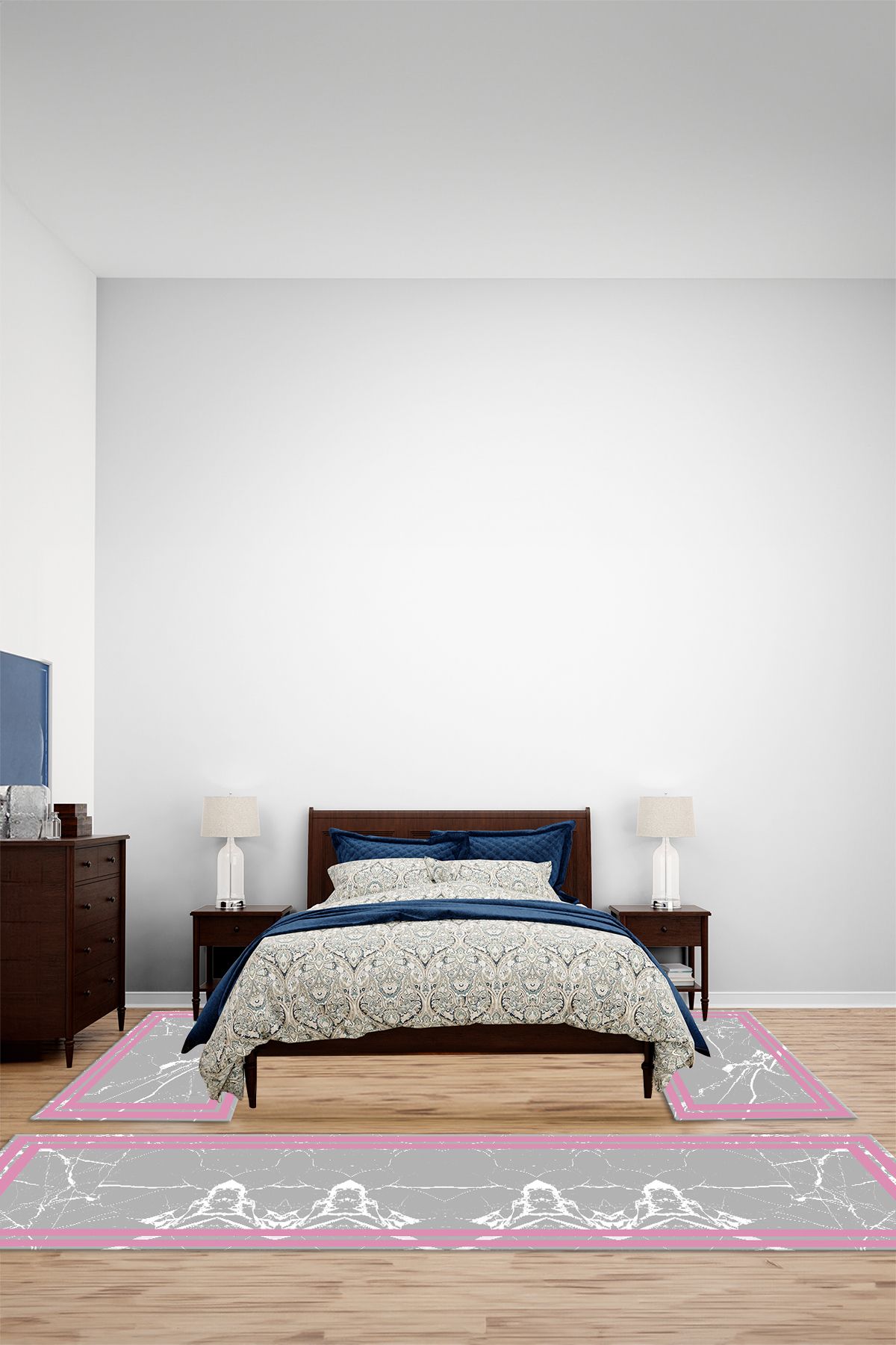 Viyana Home Dijital Kaymaz Mermer Çerçeve Model Yıkanabilir Üçlü Yatak Odası Halısı, YO-MERMER-128-PEMBE,
