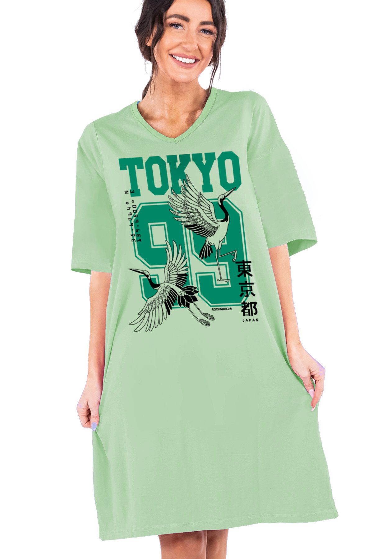 ROCKANDROLL Tokyo 99 Açık Yeşil V Yaka Yarım Kol Diz Boyu Rahat Ev Elbisesi Gecelik