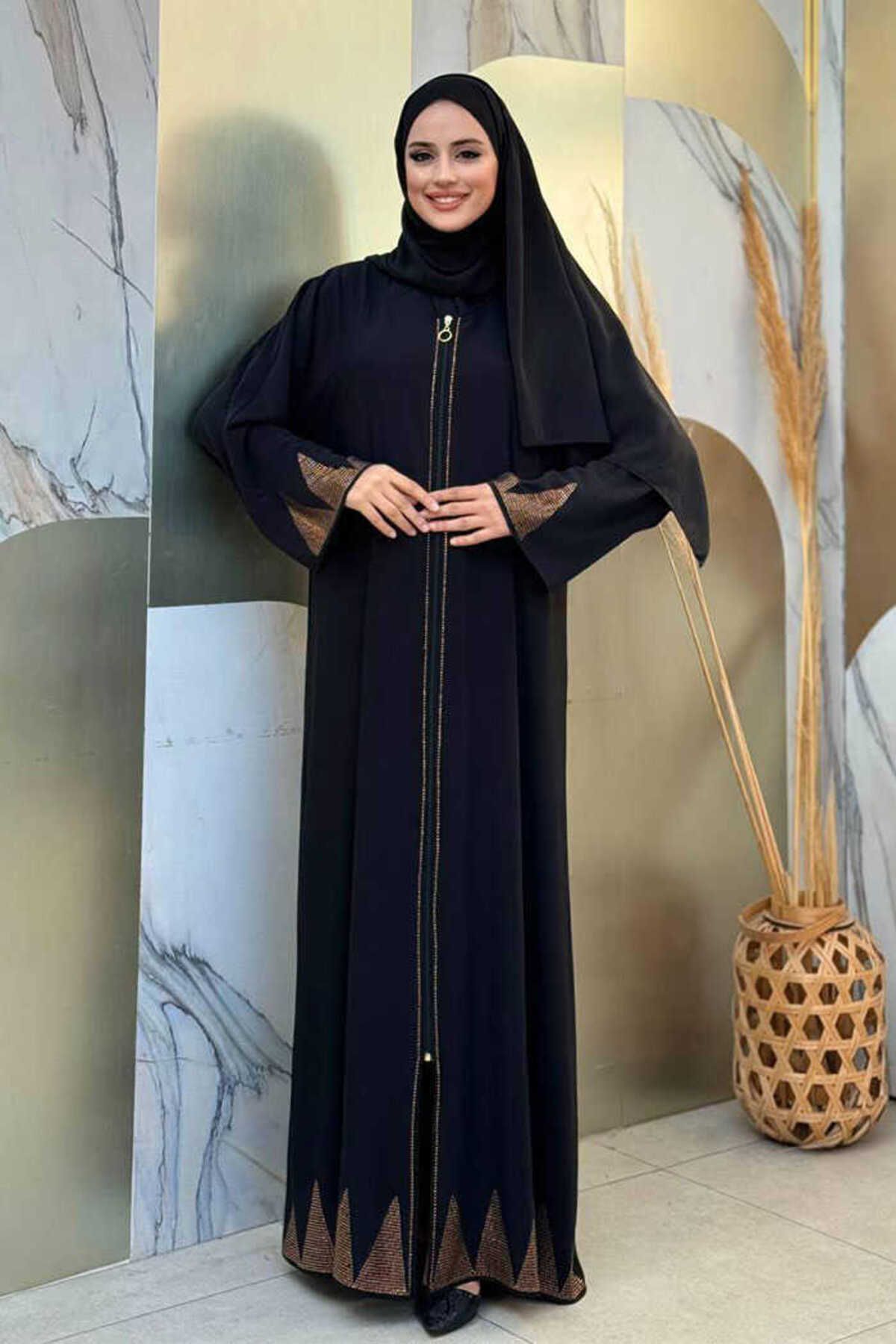 Bym Fashion Taş Detaylı Fermuarlı Ferace 3918 Siyah-Gold