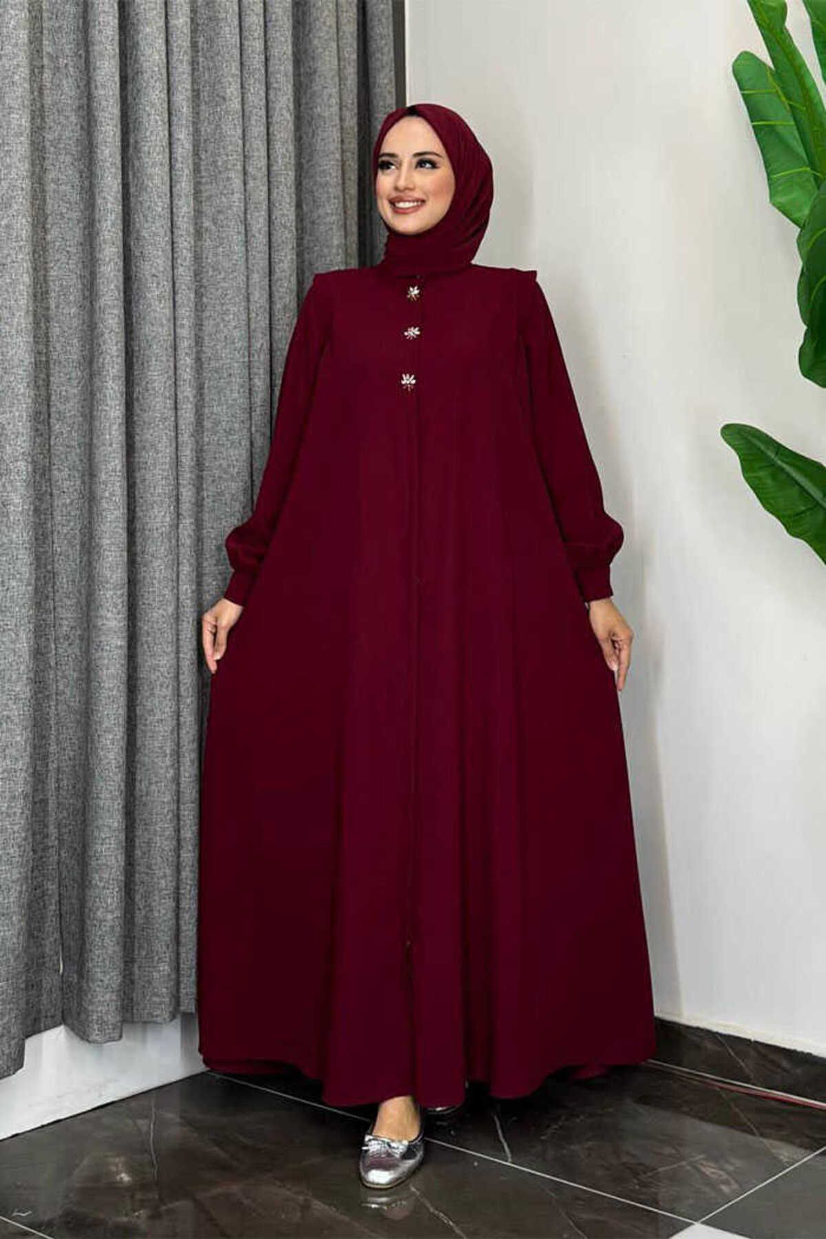Bym Fashion Boydan Düğmeli Taş İşleme Detaylı Ferace 7903 Bordo