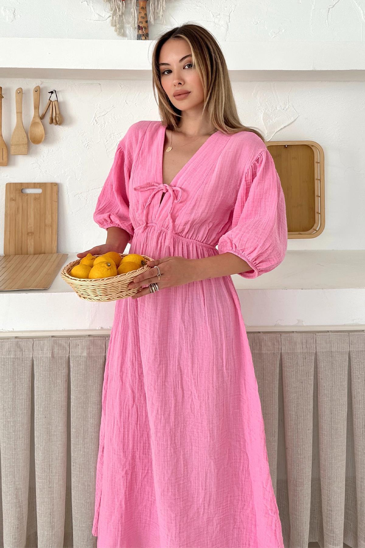 Olcay-Rochie de muselina cu jumatate de maneca cu talie elastica si detaliu de siret ROSA 9331-E 4