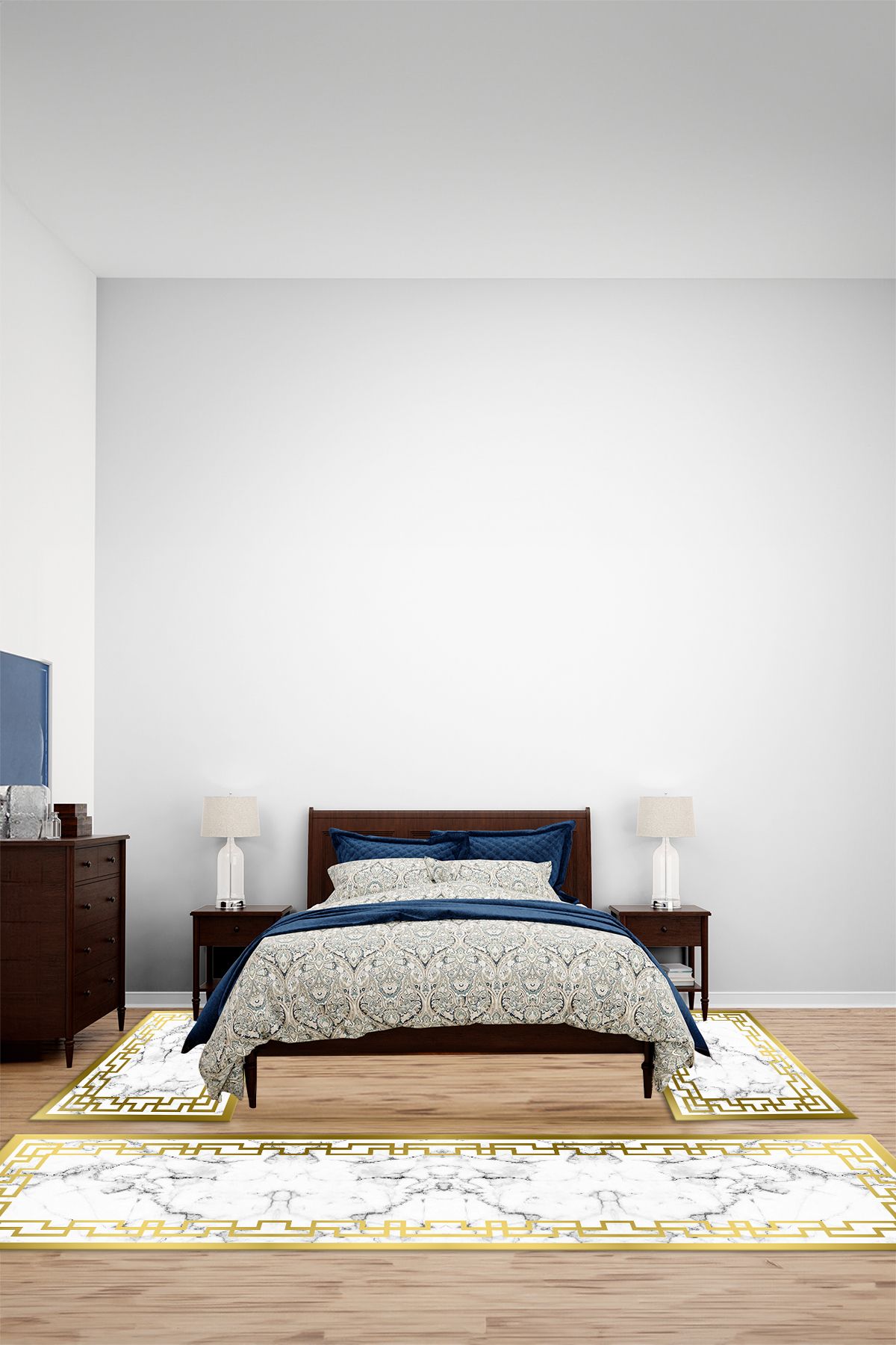 Viyana Home Dijital Kaymaz Klasik Kenarlı Mermer Model Yıkanabilir Üçlü Yatak Odası Halısı, YO-MERMER-95-BEYAZ,