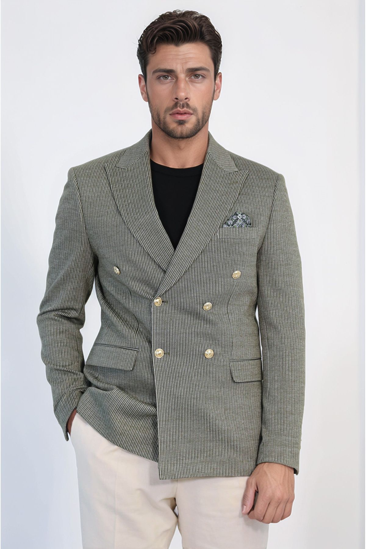 Wessi Zeytin Yeşili Çizgili Altın Rengi Metal Düğmeli Slim Fit Kruvaze Blazer – Wessi