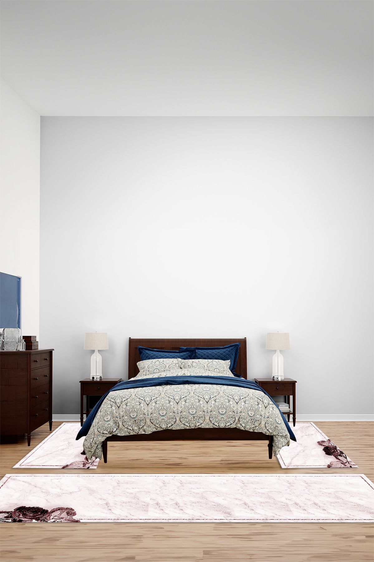 Viyana Home Dijital Kaymaz Gül Desenli Mermer Model Yıkanabilir Üçlü Yatak Odası Halısı, YO-MERMER-104-BORDO,