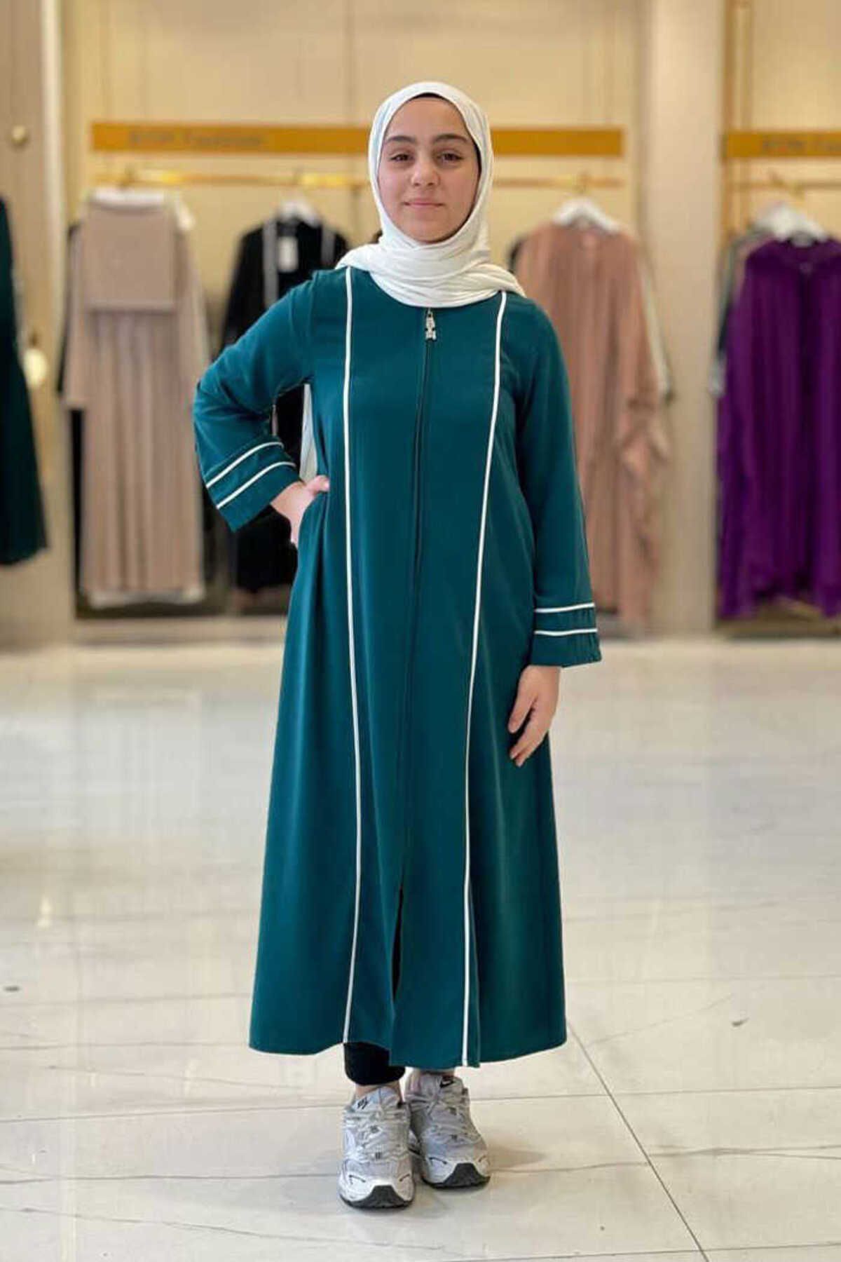 Bym Fashion Fermuarlı Biyeli Çocuk Feracesi 6031 Zümrüt