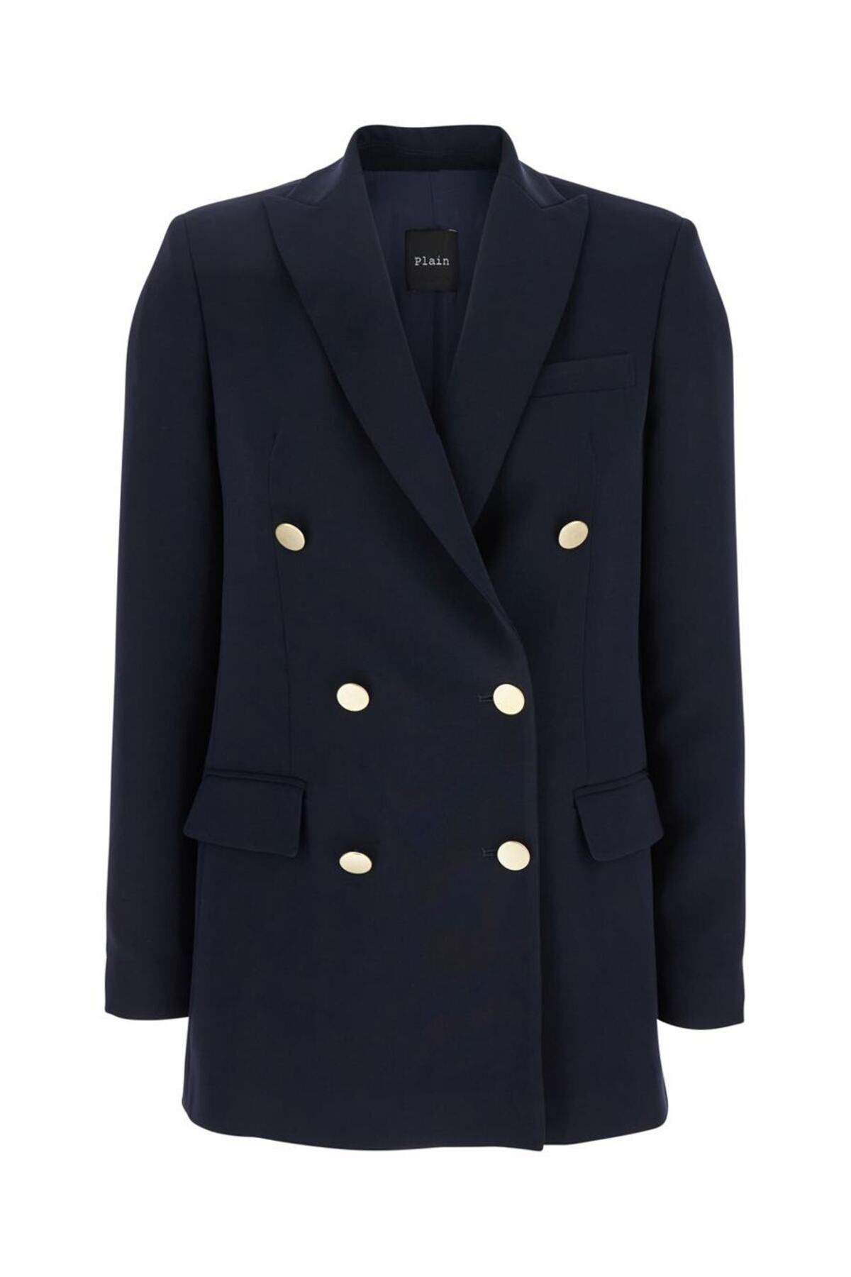 PLAIN-Blue Double-Breasted Jacket With Golden Buttons In Cady Woman 1