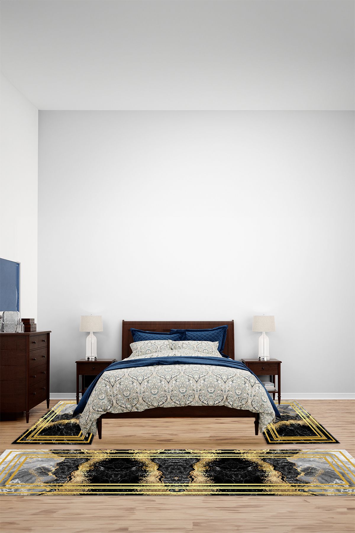 Viyana Home Dijital Kaymaz Mermer Gold Çizgili Desen Yıkanabilir Üçlü Yatak Odası Halısı, YO-MERMER-91-SİYAH,