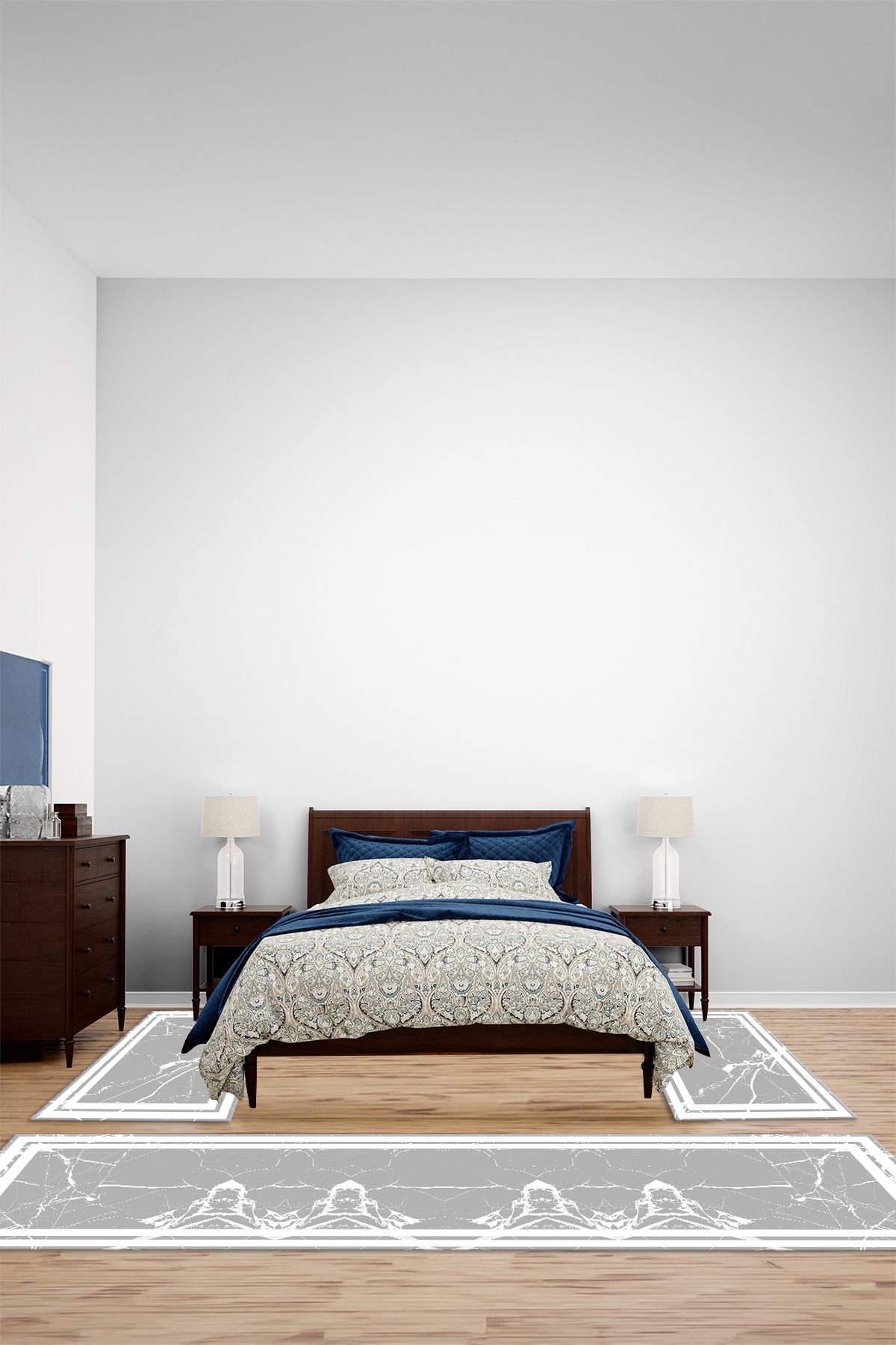 Viyana Home Dijital Kaymaz Mermer Çerçeve Model Yıkanabilir Üçlü Yatak Odası Halısı, YO-MERMER-128-BEYAZ,