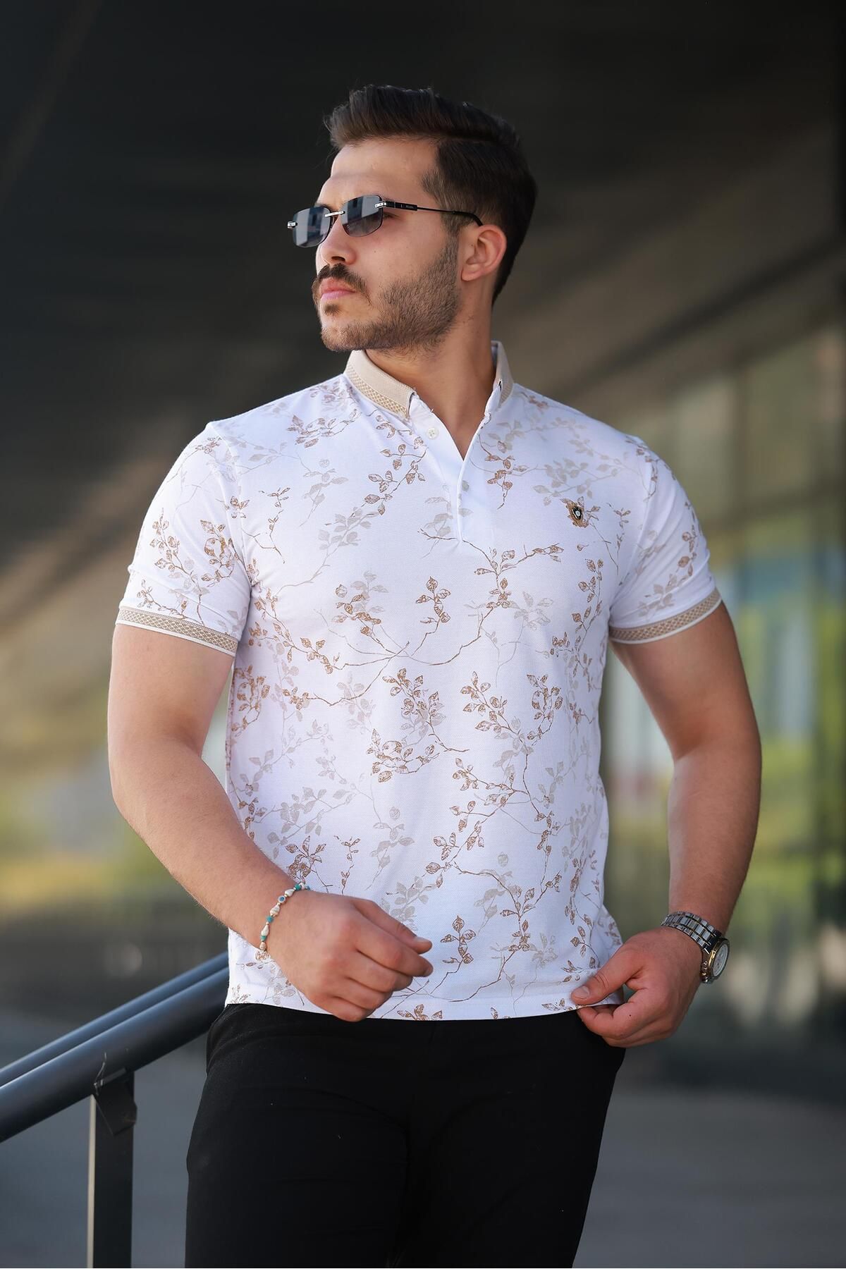 Miron Erkek Beyaz Bej Yaprak Desenli Slim Fit Polo Yaka Tişört - 2529