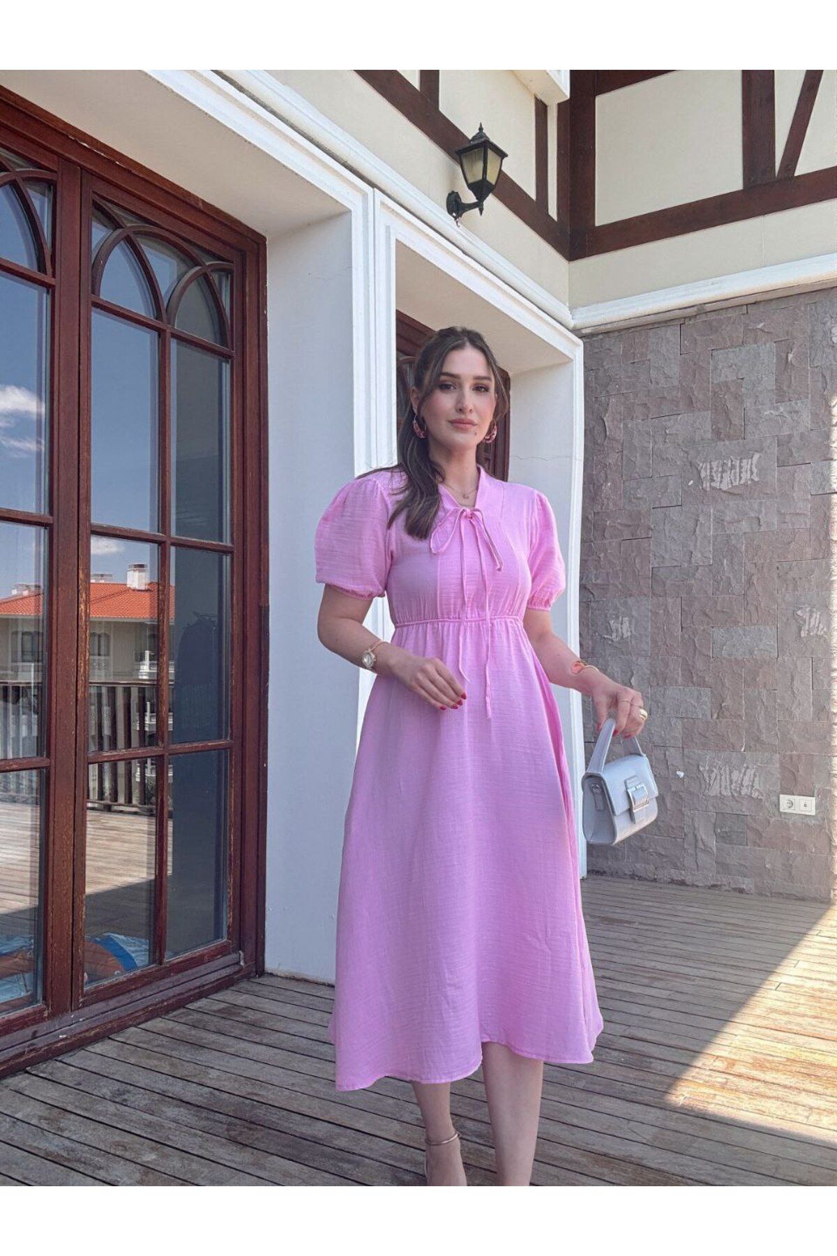 The Robi Pembe Müslin Kumaş Beli Lastikli Kısa Kollu Elbise
