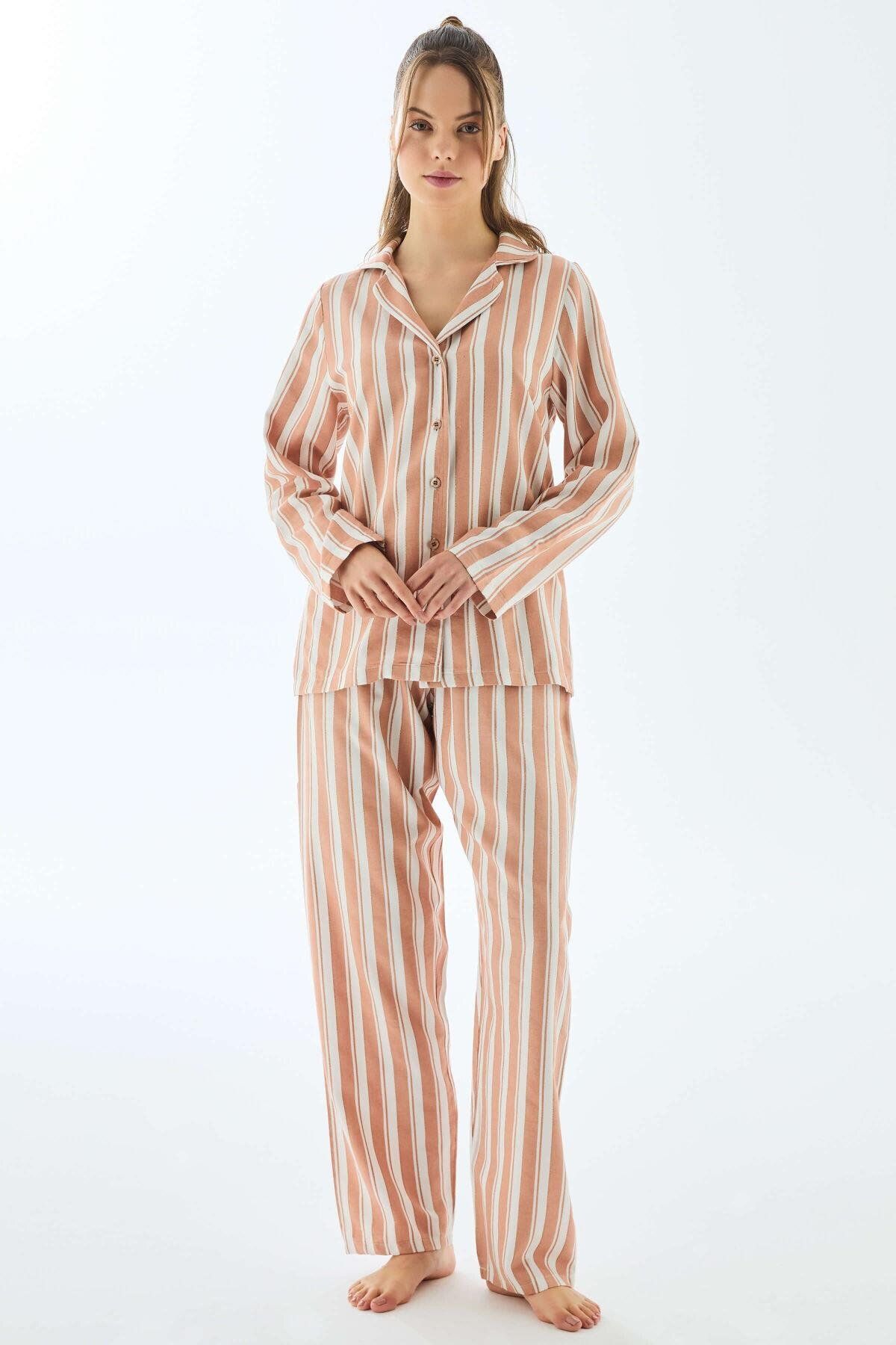 Aria's Closet Viscose Çizgili Gömlek Pantolon Pijama Takımı