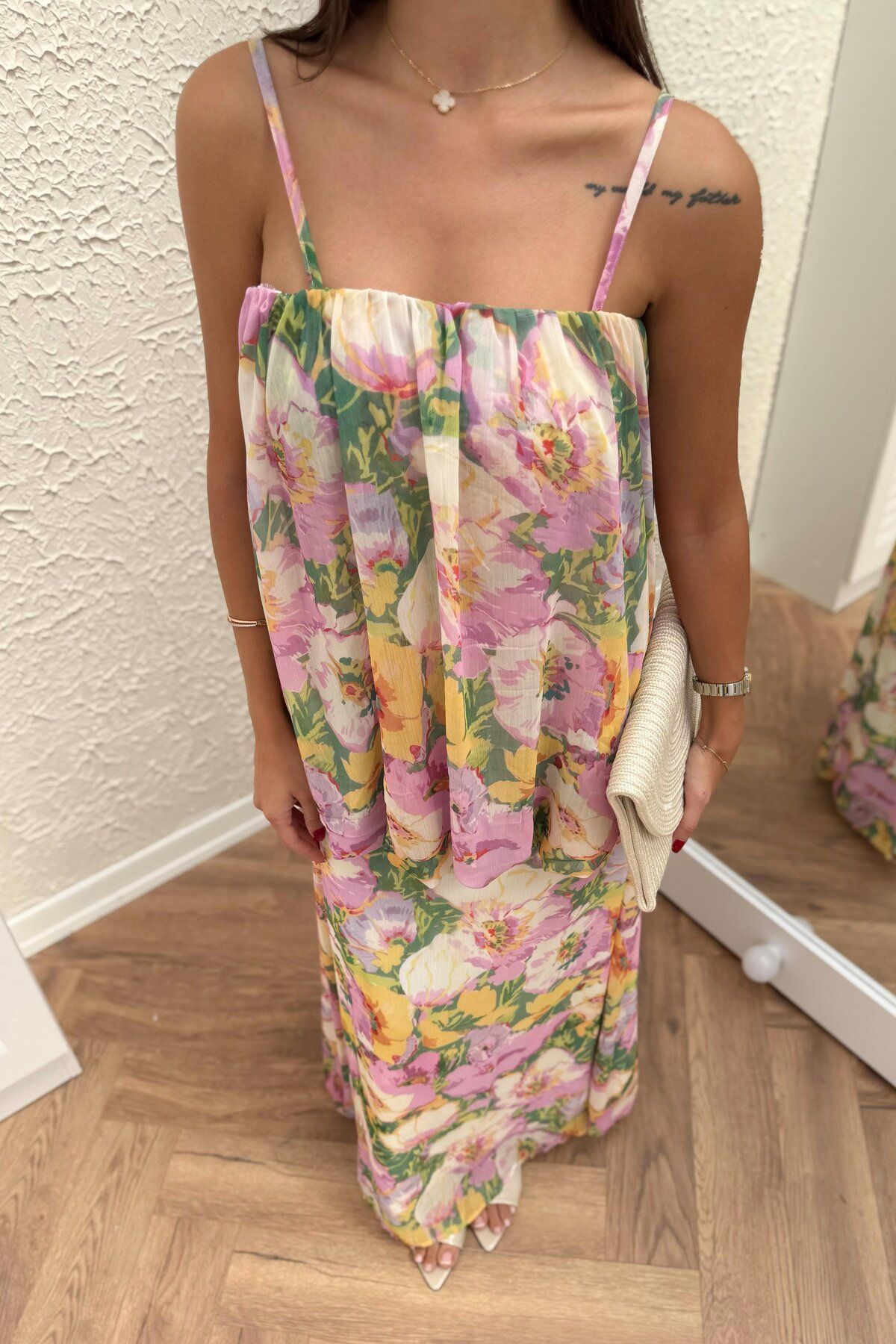 Julidress Desenli Katlı Tasarım Premium Şifon Elbise
