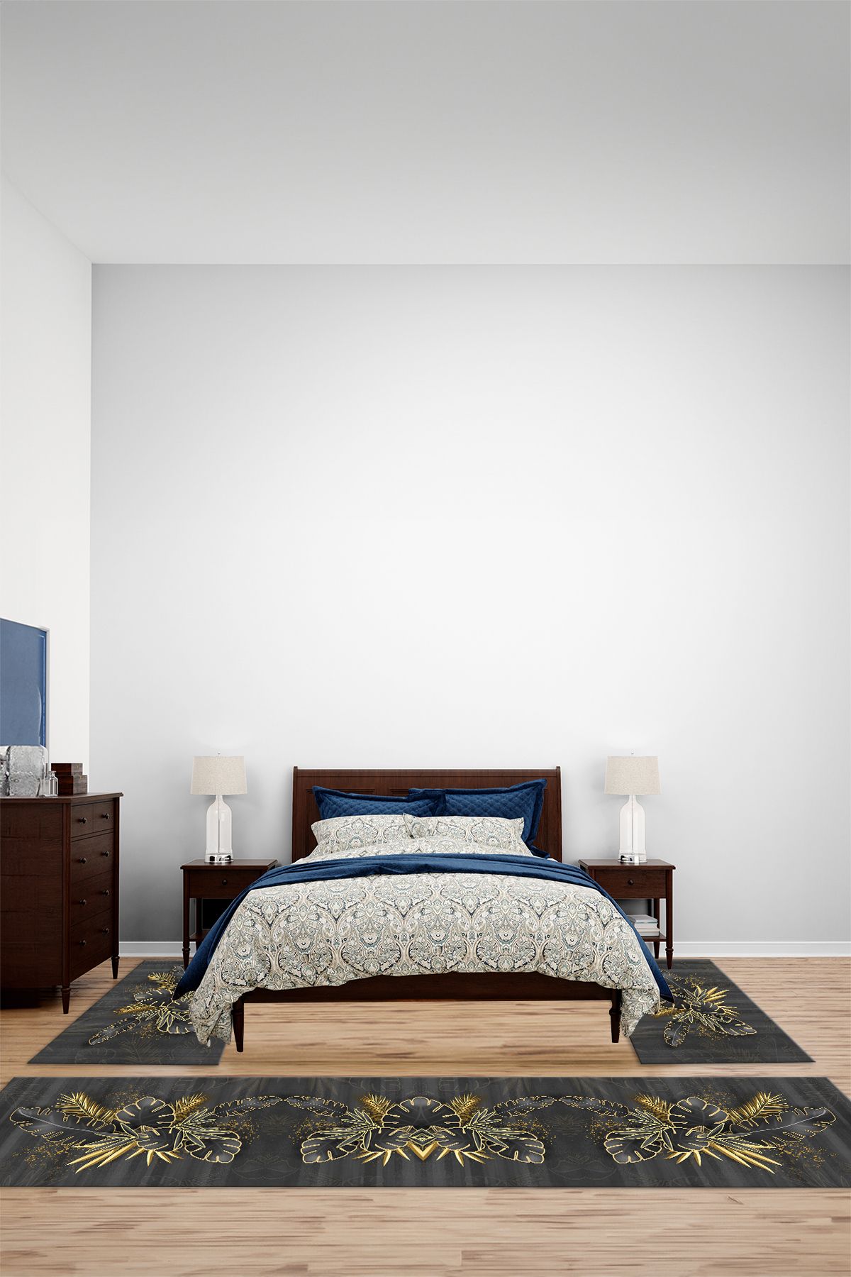 Viyana Home Modern Dijital Kaymaz Yaprak Desenli Yıkanabilir Üçlü Yatak Odası Halısı, YO-MODERN-255-GOLD,