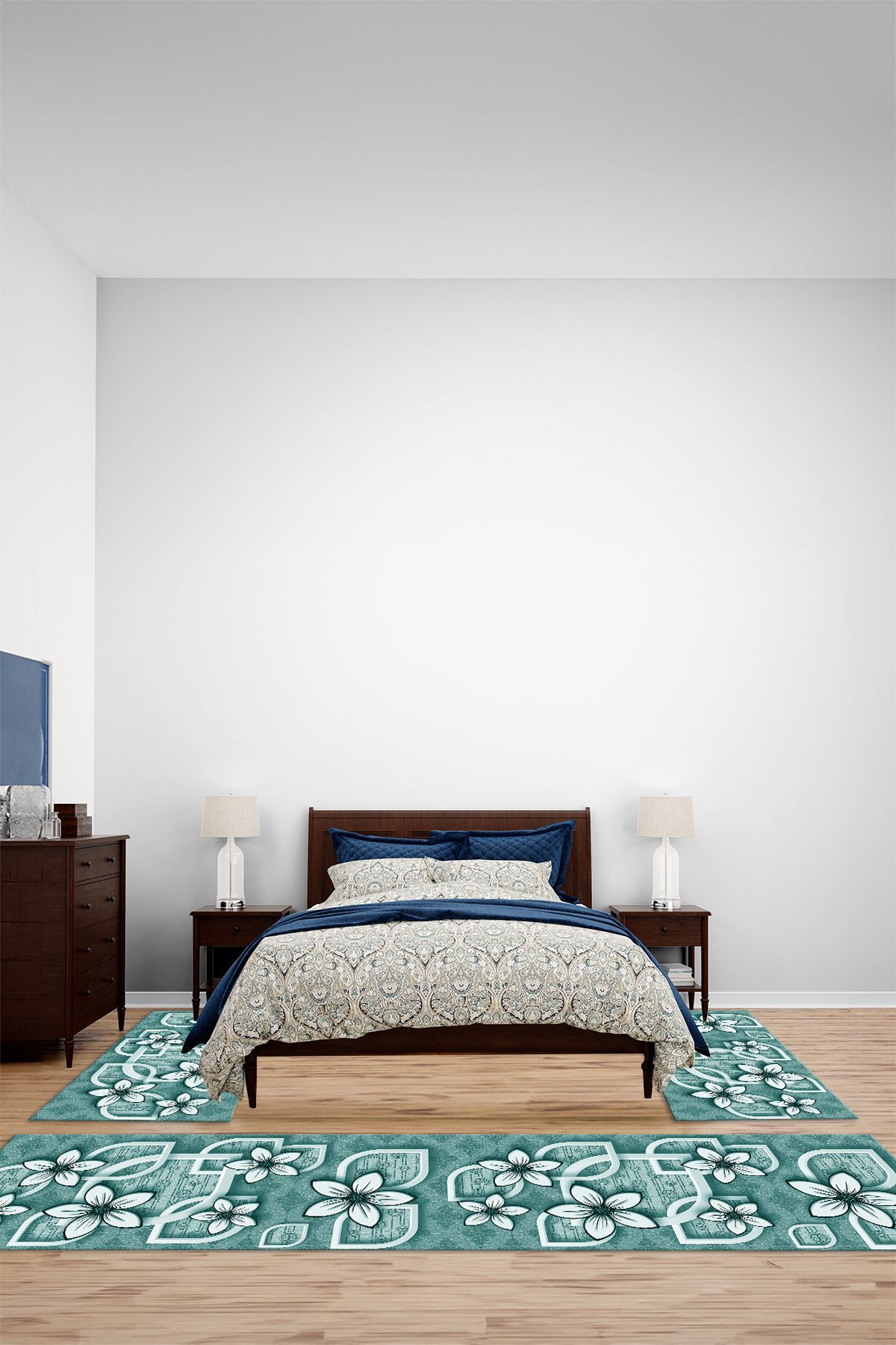 Viyana Home Modern Dijital Kaymaz Papatya Model Yıkanabilir Üçlü Yatak Odası Halısı, YO-MODERN-319-TURKUAZ,