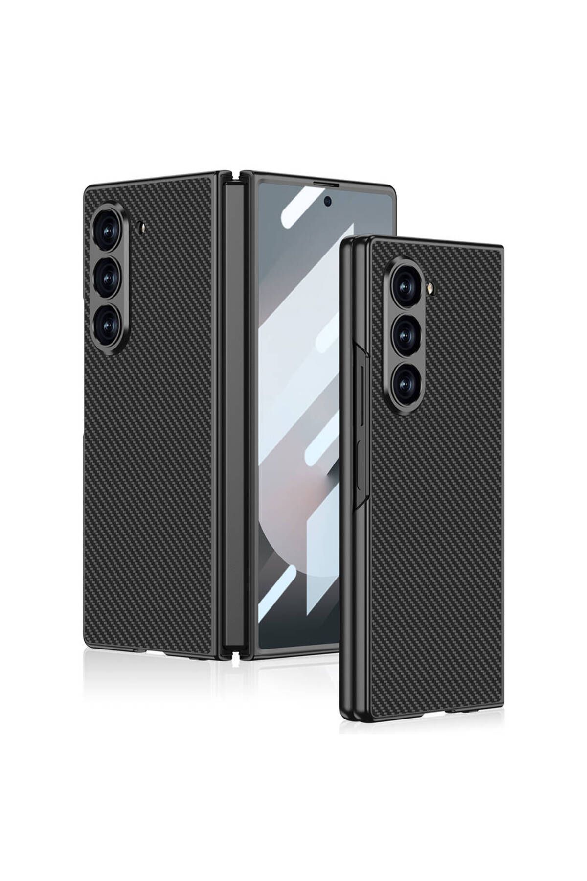 Megafox Teknoloji Samsung Galaxy Z Fold 6 Uyumlu Kılıf Karbon Fiber Tasarımlı Titanyum Metal Zore Kıpta Caz Kapak