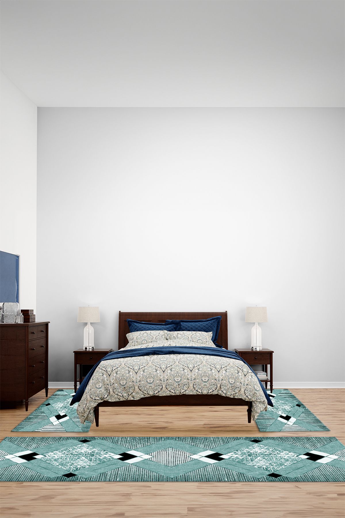 Viyana Home Modern Dijital Kaymaz Taban Klasik Model Yıkanabilir Üçlü Yatak Odası Halısı, YO-MODERN-275-TURKUAZ,