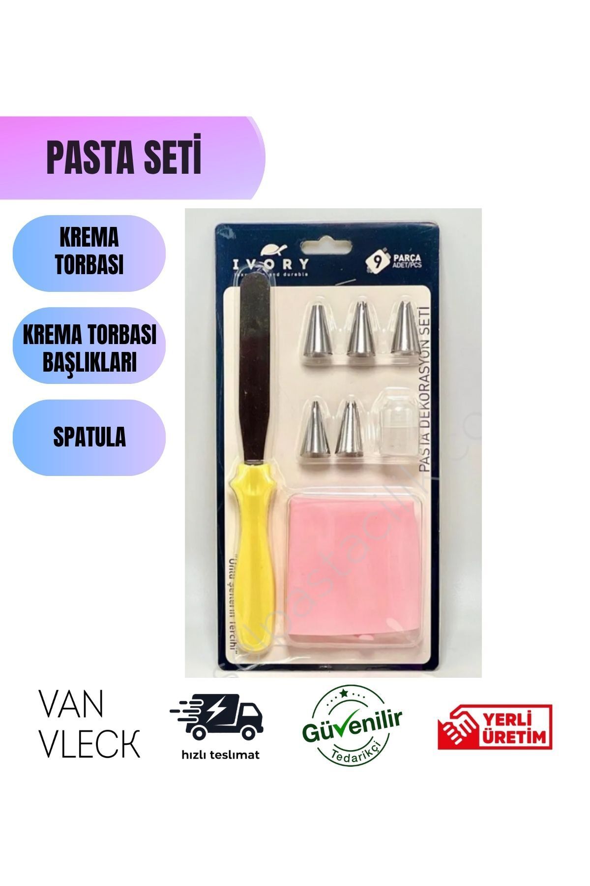 VAN VLECK 9 Parça Pasta Dekorasyon Seti – Spatula, Krema Torbası, 5 Duy ve 2 Bağlantı Başlığı, Süsleme Seti