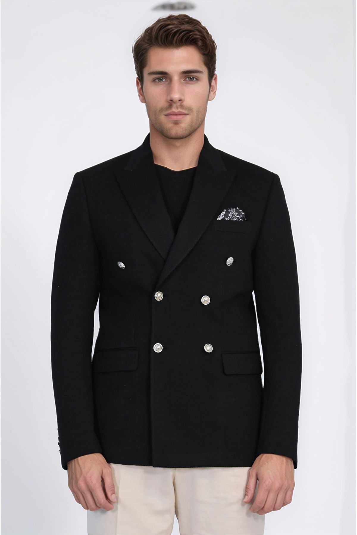 Wessi Siyah Düz Kumaş Gümüş Rengi Metal Düğmeli Slim Fit Kruvaze Blazer – Wessi