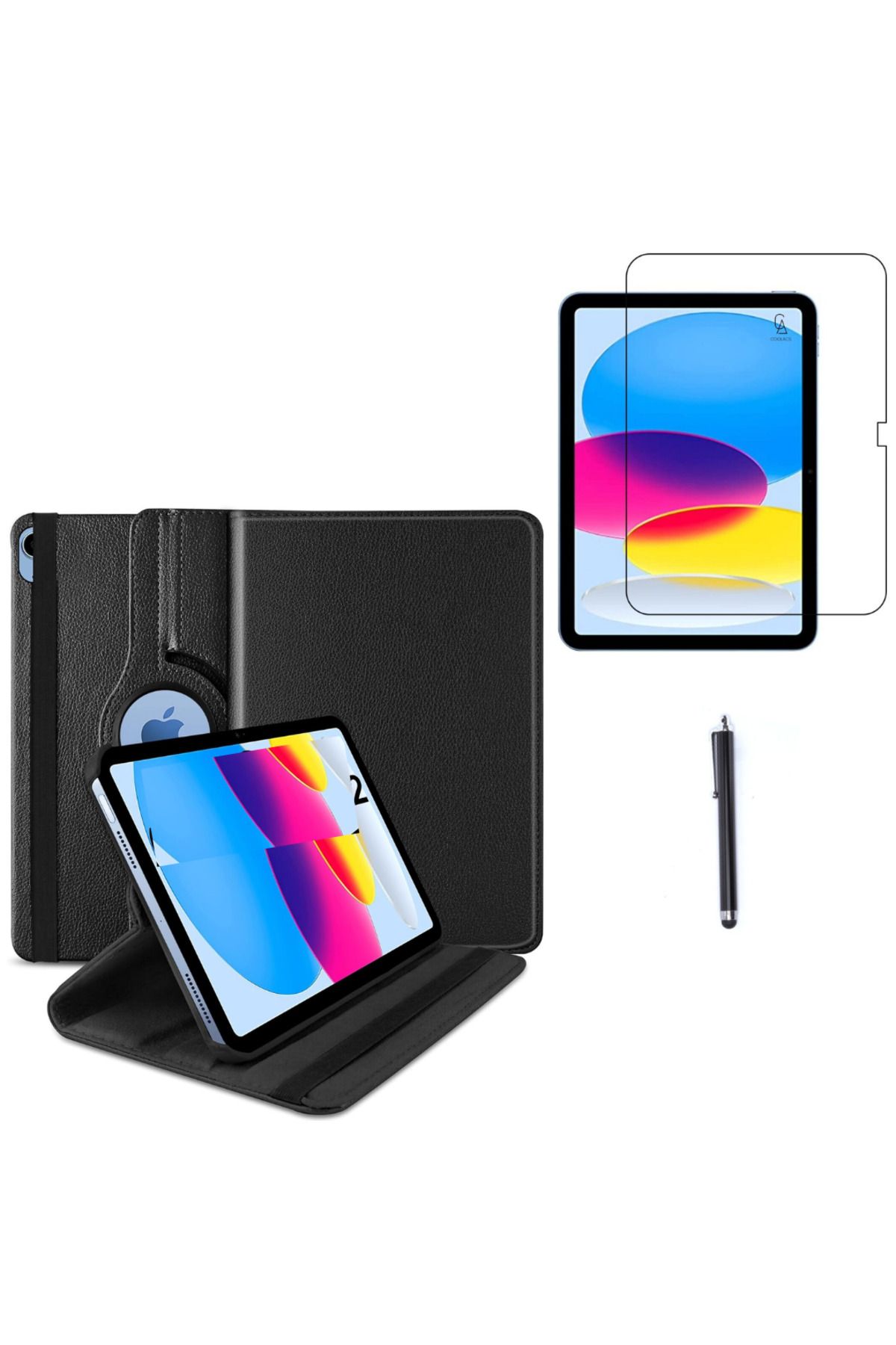 Coolacs Apple iPad A16 11.nesil (A3354-A3355) Dönebilen Tablet Kılıfı + Ekran Koruyucu + Tablet Kalemi