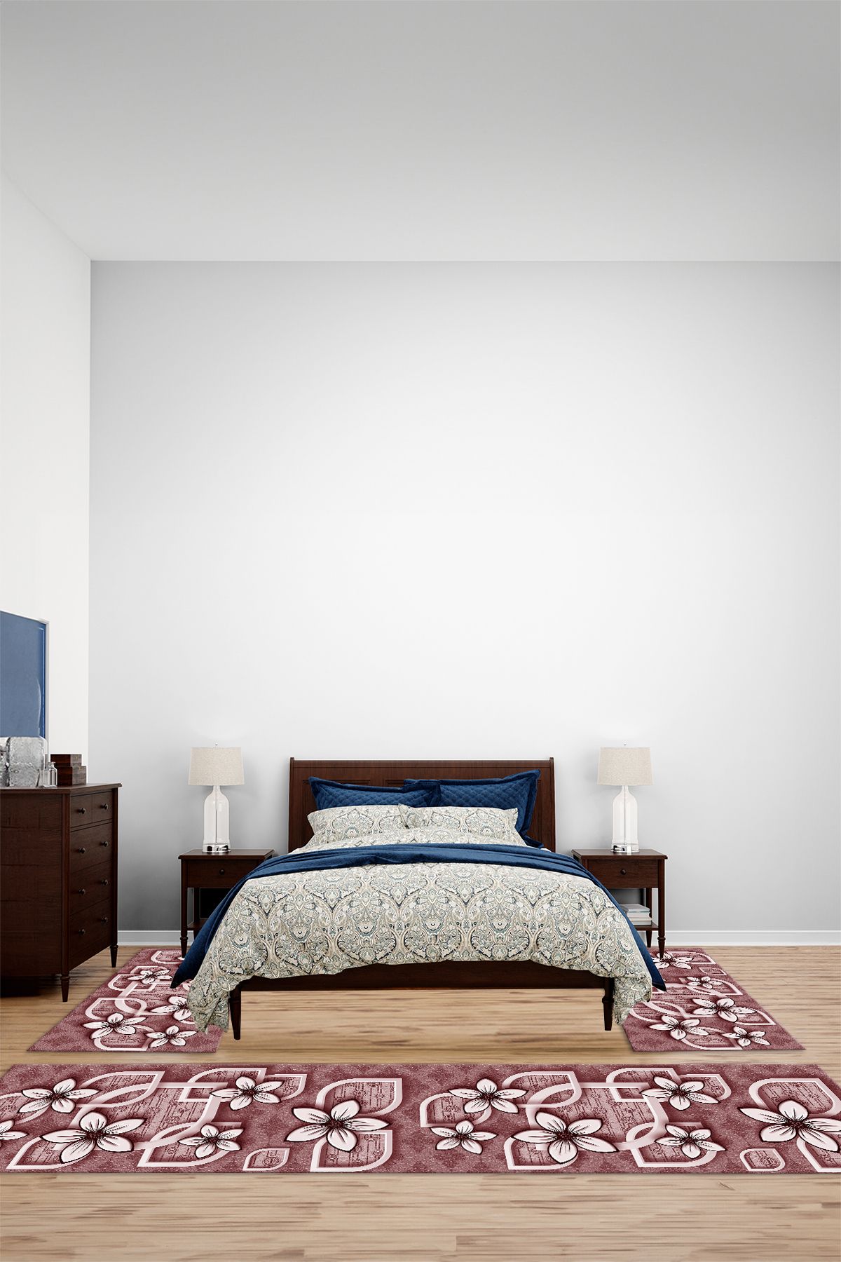 Viyana Home Modern Dijital Kaymaz Papatya Model Yıkanabilir Üçlü Yatak Odası Halısı, YO-MODERN-319-BORDO,