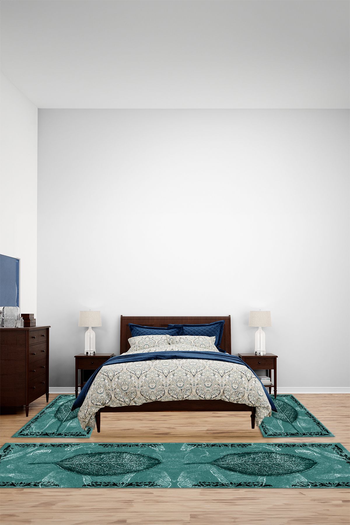 Viyana Home Modern Dijital Kaymaz Taban Yaprak Model Yıkanabilir Üçlü Yatak Odası Halısı, YO-MODERN-250-TURKUAZ,