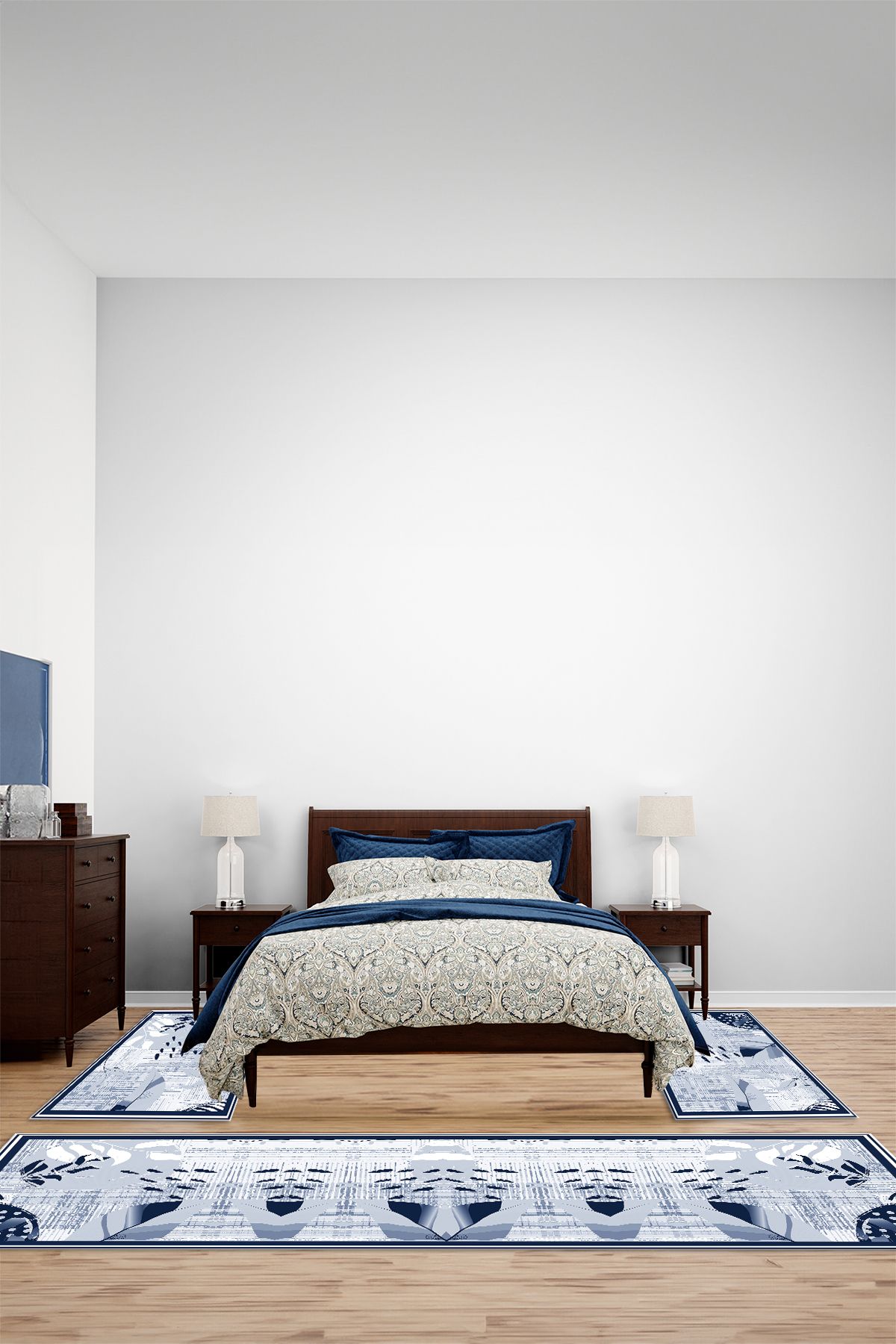 Viyana Home Modern Dijital Kaymaz Sade Yaprak Desen Yıkanabilir Üçlü Yatak Odası Halısı, YO-MODERN-318-MAVİ,