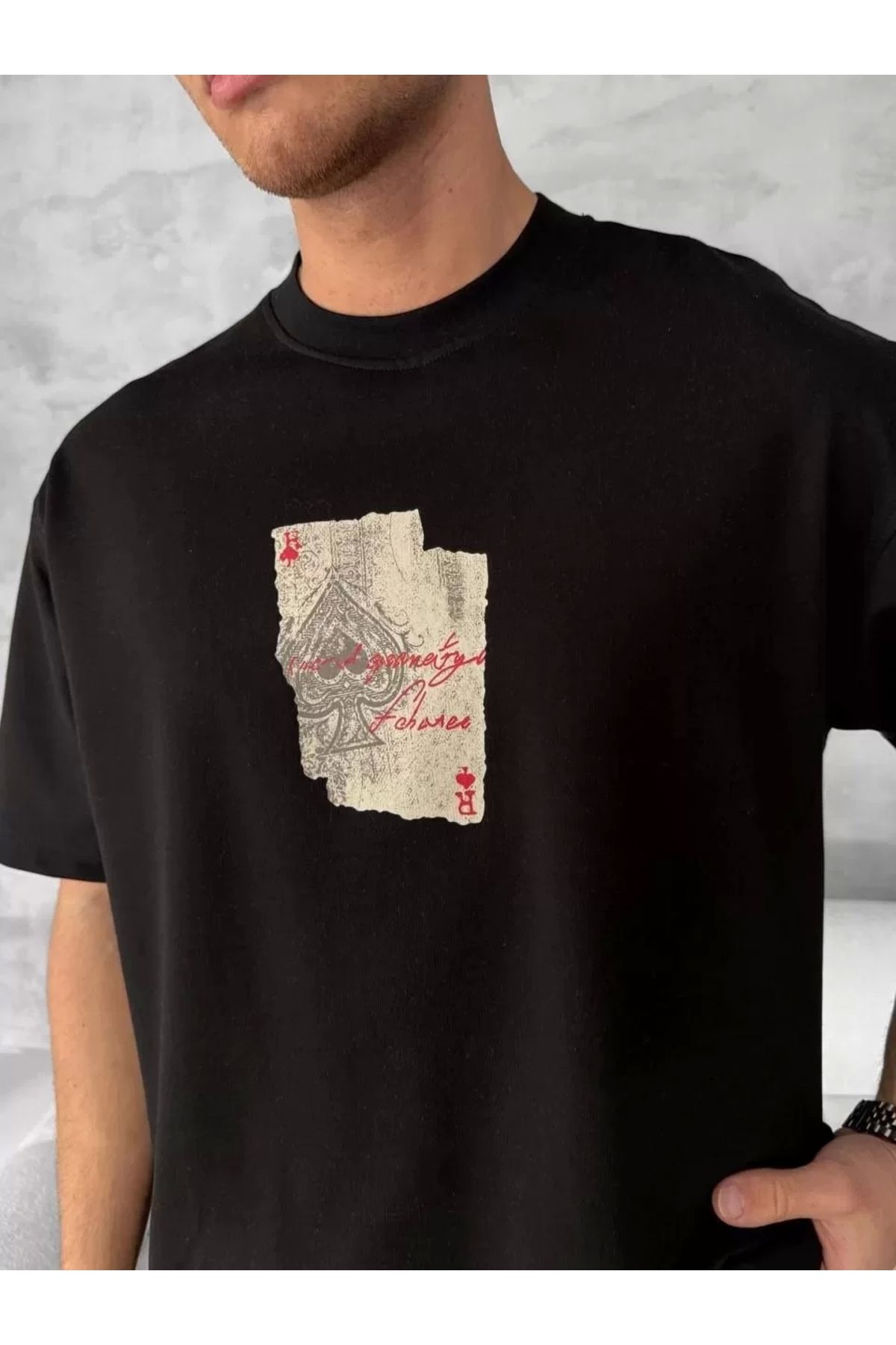 AE Stil Ön ve Arka Baskılı Oversize Bisiklet Yaka T-shirt - Siyah