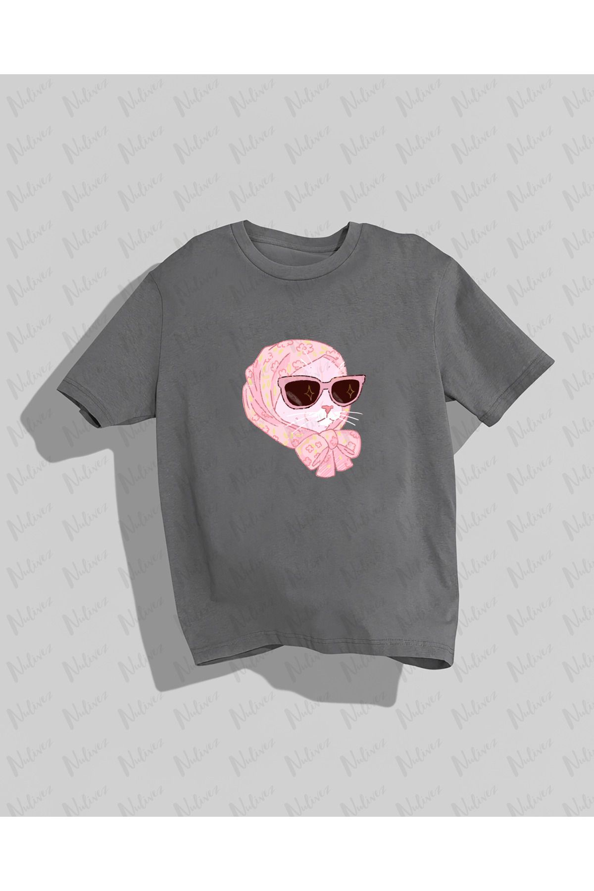 Nulivez Pinterest Tarzı Kedi Baskılı Yüksek Kalite Kompakt Unisex Oversize T-Shirt