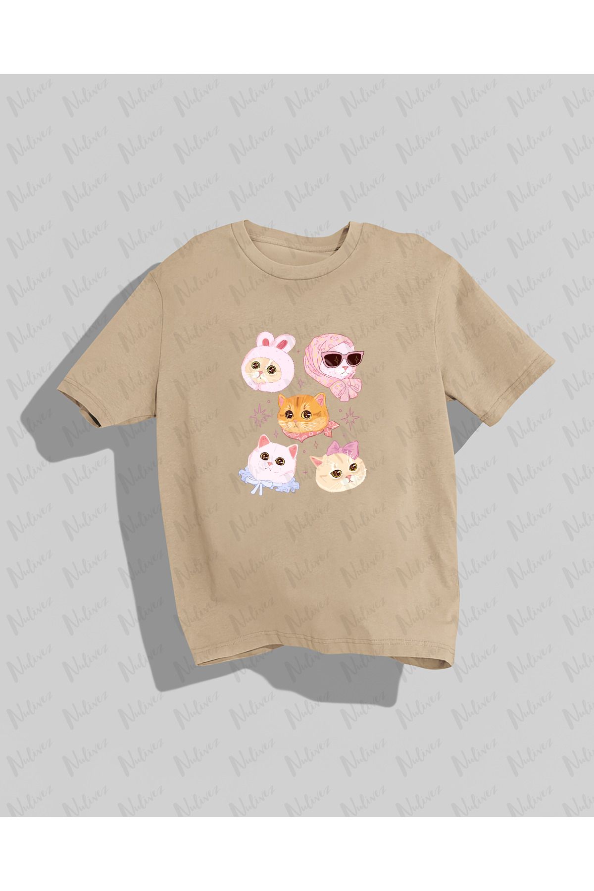 Nulivez Kedi Tasarımı Baskılı Yüksek Kalite Kompakt Unisex Oversize T-Shirt