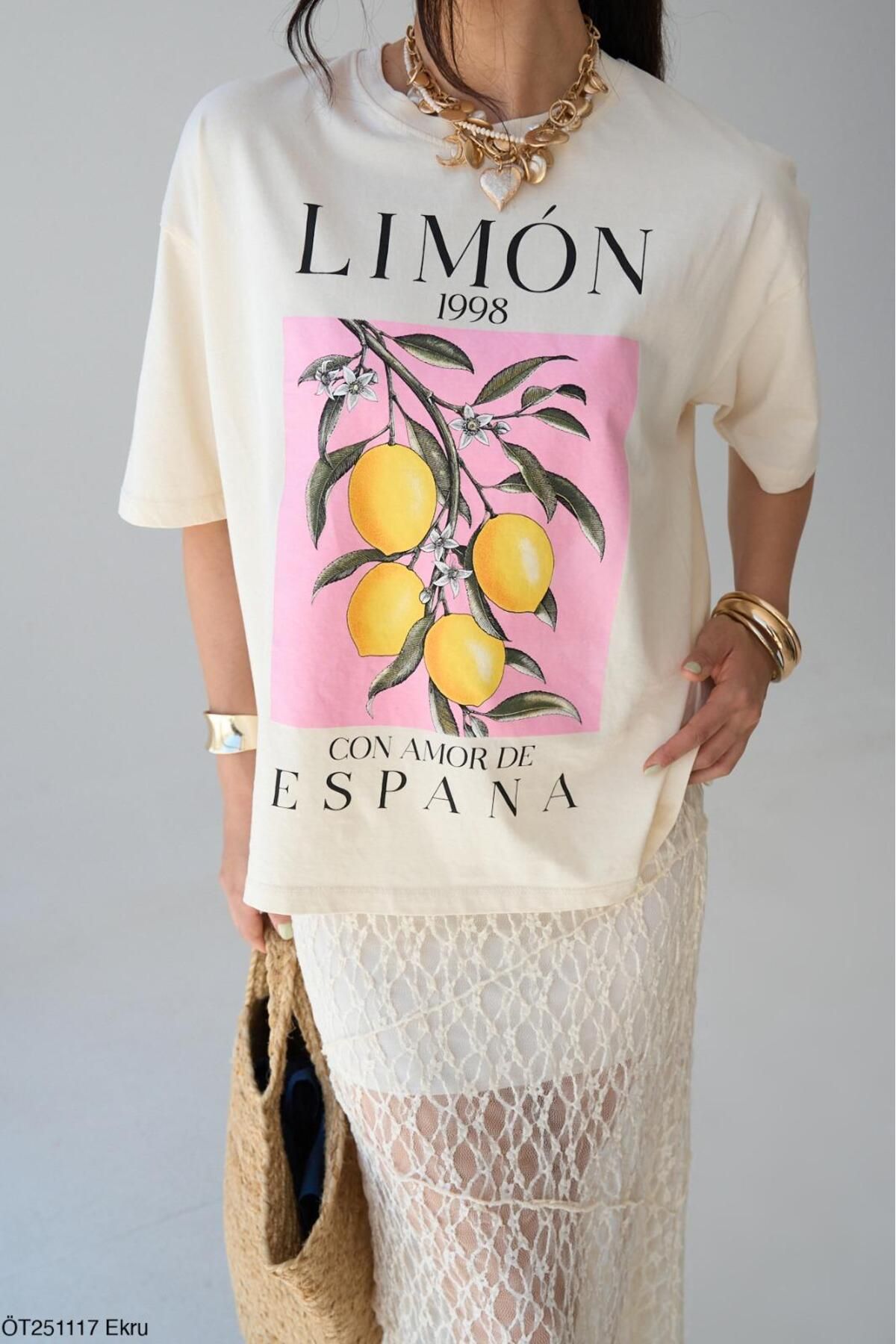 Litesa Kadın Limon Yazı Baskılı Oversize Pamuk T-Shirt