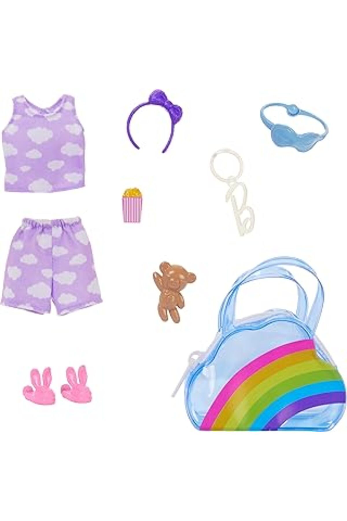 Mu Art Ahşap Barbie Premium Rainbow Cloud Moda Çanta, Mor Pijama, Pembe Terlik Ve Aksesuarlar