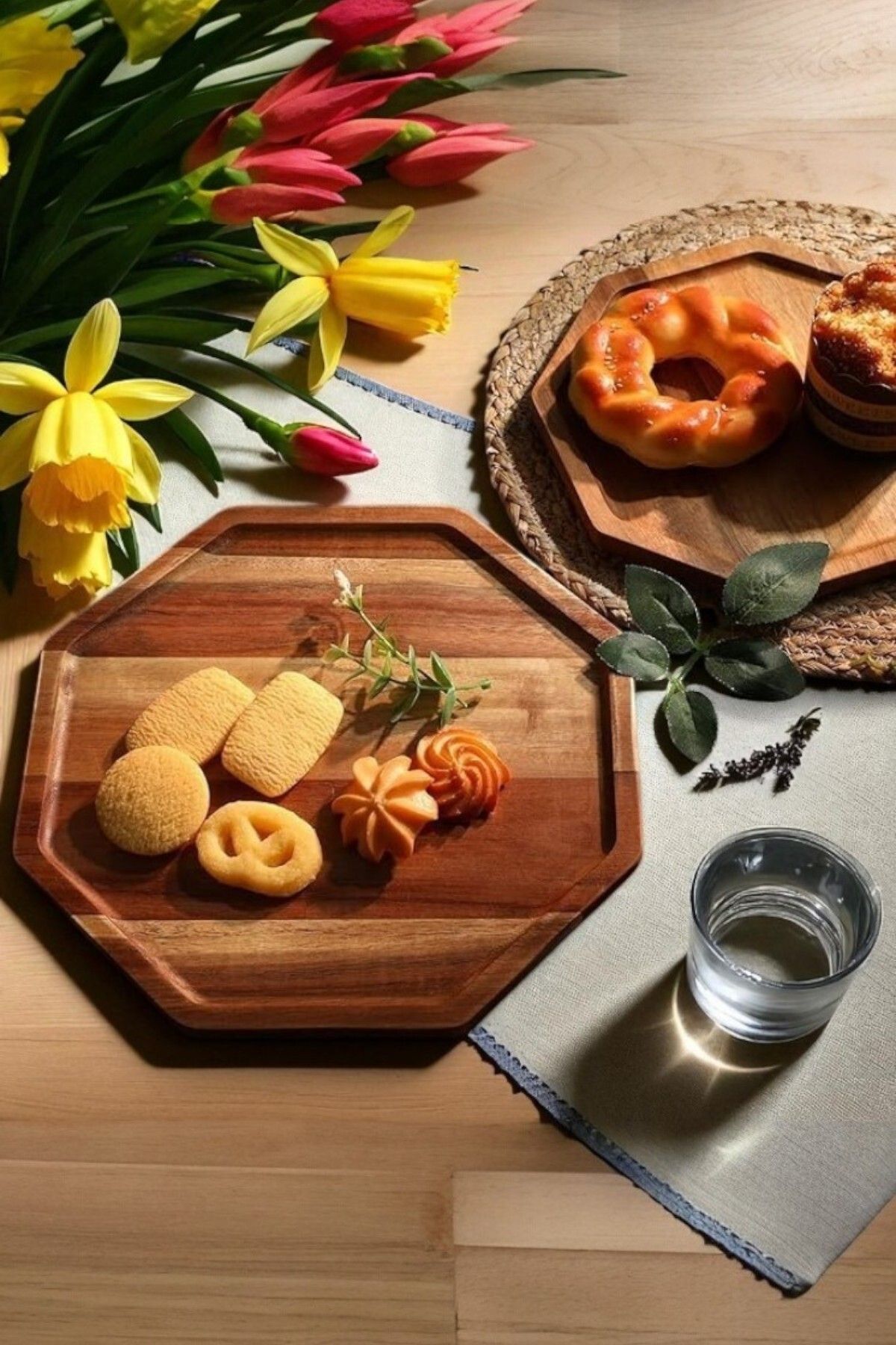 OK Wood Lüks Doğal Ahşap Çokgen Sunum Tepsisi 20x20 cm | Modern, Kahvaltı, Servis, Dekoratif Çeyizlik Tepsi