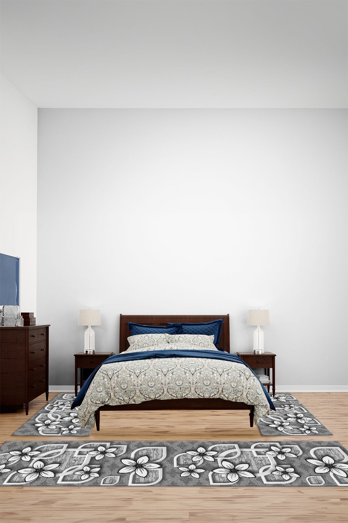 Viyana Home Modern Dijital Kaymaz Papatya Model Yıkanabilir Üçlü Yatak Odası Halısı, YO-MODERN-319-GRİ,