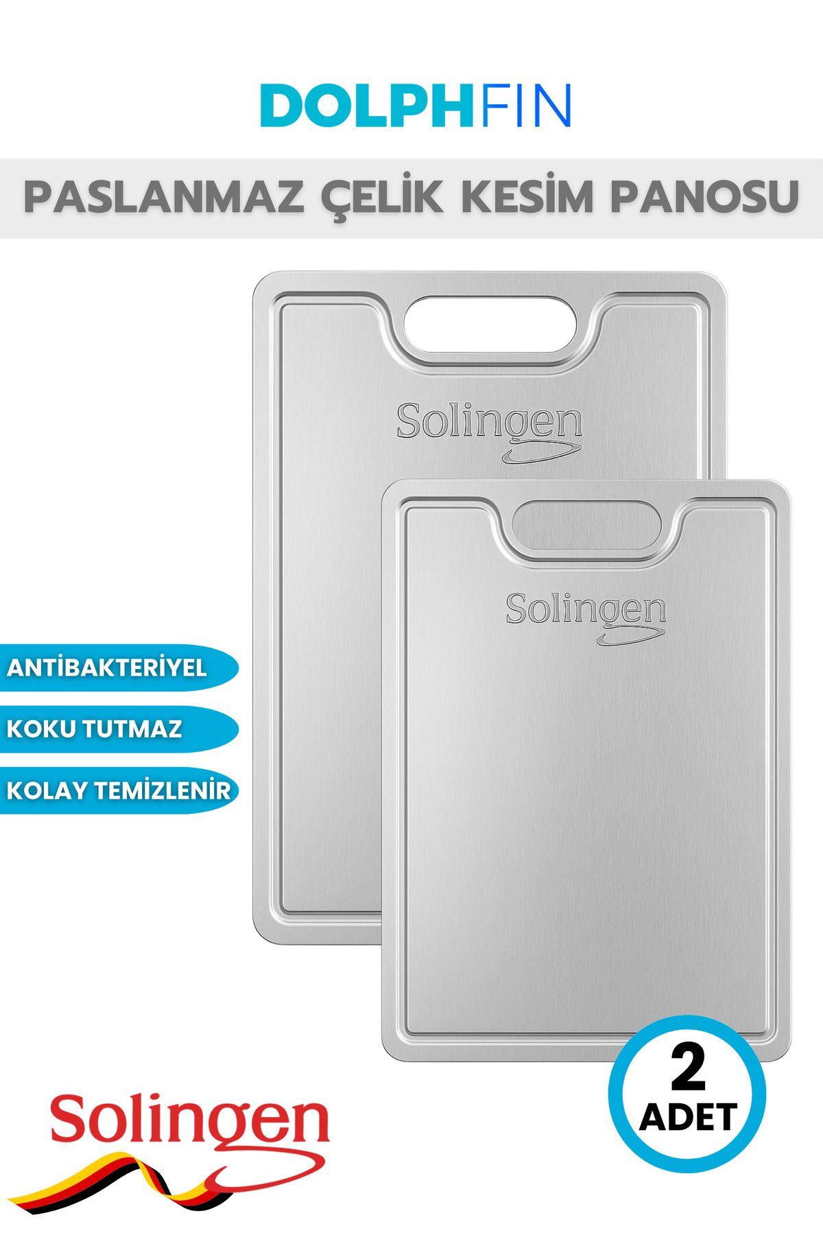 DolphFin Solingen Paslanmaz Çelik Kesme Tahtası 2 Adet Antibakteriyel Yüzey