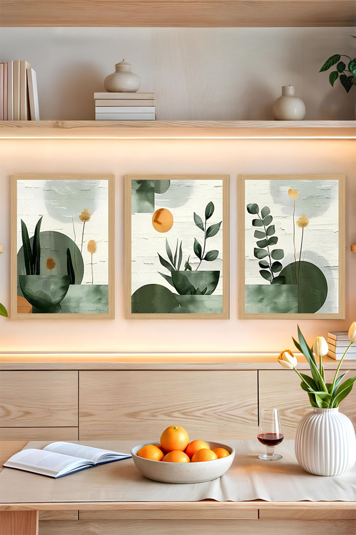 kutuTR 🌿 Yeşil Vurgulu Modern Minimalist Bitki Temalı 3'lü Tablo Seti – MDF UV Baskı (Çerçevesiz) CRVS1032