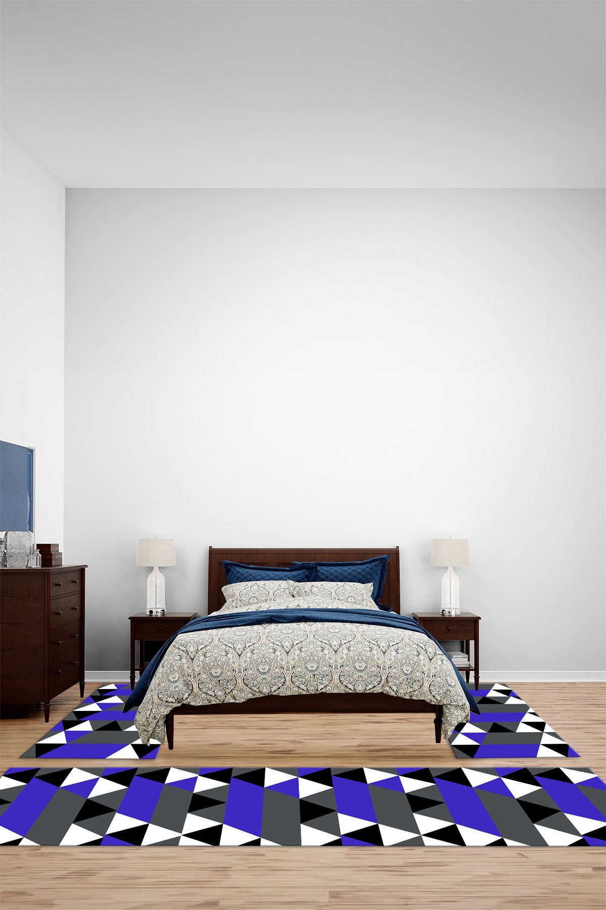 Viyana Home Modern Dijital Kaymaz Sade Üçgen Model Yıkanabilir Üçlü Yatak Odası Halısı, YO-MODERN-272-MAVİ,