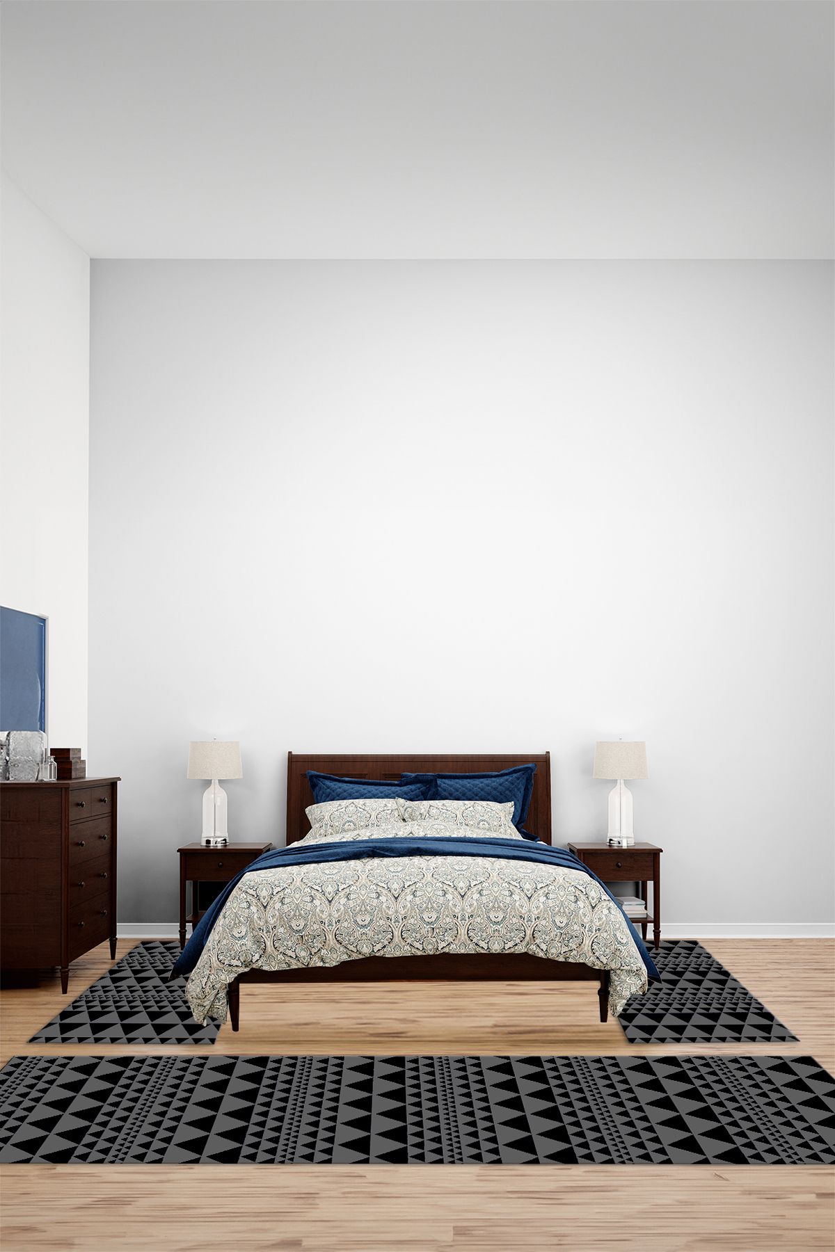 Viyana Home Modern Dijital Kaymaz Taban Üçgen Desenli Yıkanabilir Üçlü Yatak Odası Halısı, YO-MODERN-234-GRİ,
