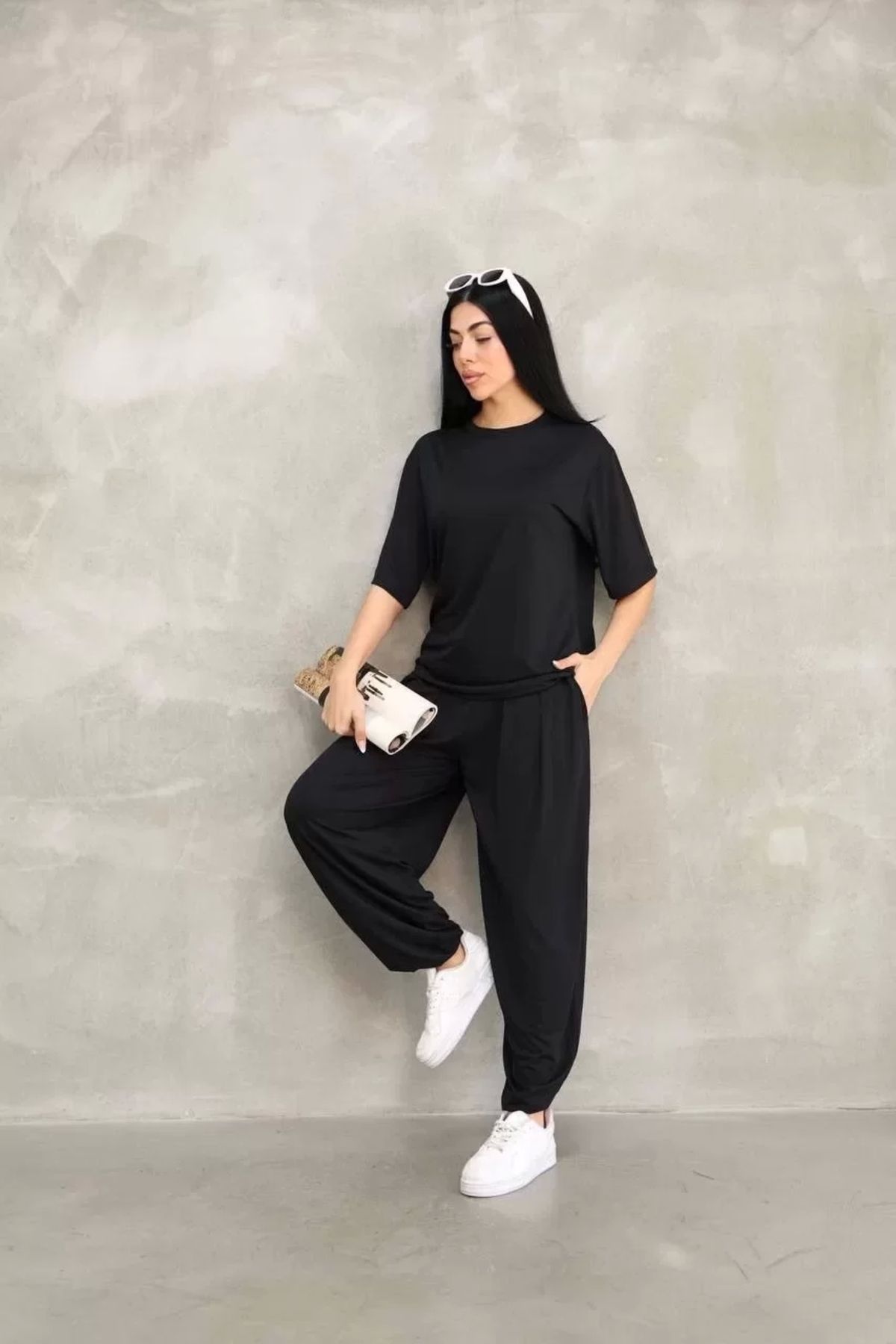 AE Stil Osy Modal Yumuşak Dokulu Kumaş Oversize Bisiklet Yaka T-shirt Jogger Eşofman Altı Eşofman Takımı - S
