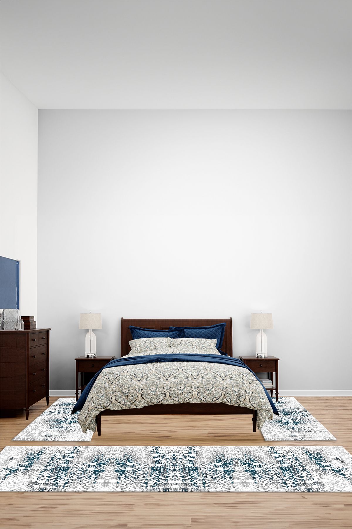 Viyana Home Modern Dijital Kaymaz Taban Kilim Model Yıkanabilir Üçlü Yatak Odası Halısı, YO-MODERN-229-MAVİ,