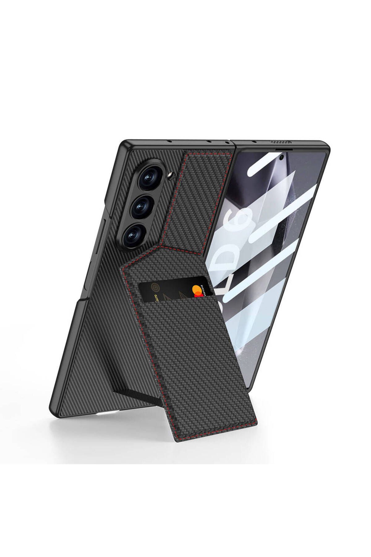 Megafox Teknoloji Samsung Galaxy Z Fold 6 Uyumlu Kılıf Karbon Fiber Kartlıklı Zore Kıpta Dik Açılan Kartlıklı Kapak