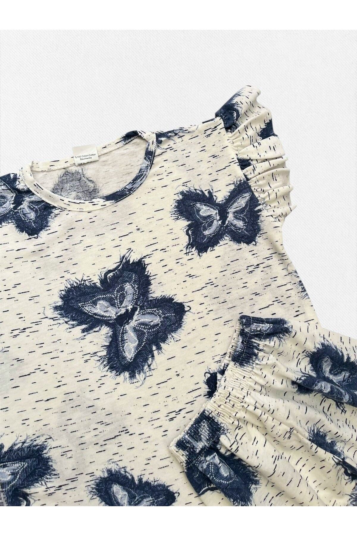 Fil Kids-Girls' Cotton Summer Thin Fabric White Butterfly Pattern Short Sleeve Shorts Summer Pajamas Set 2