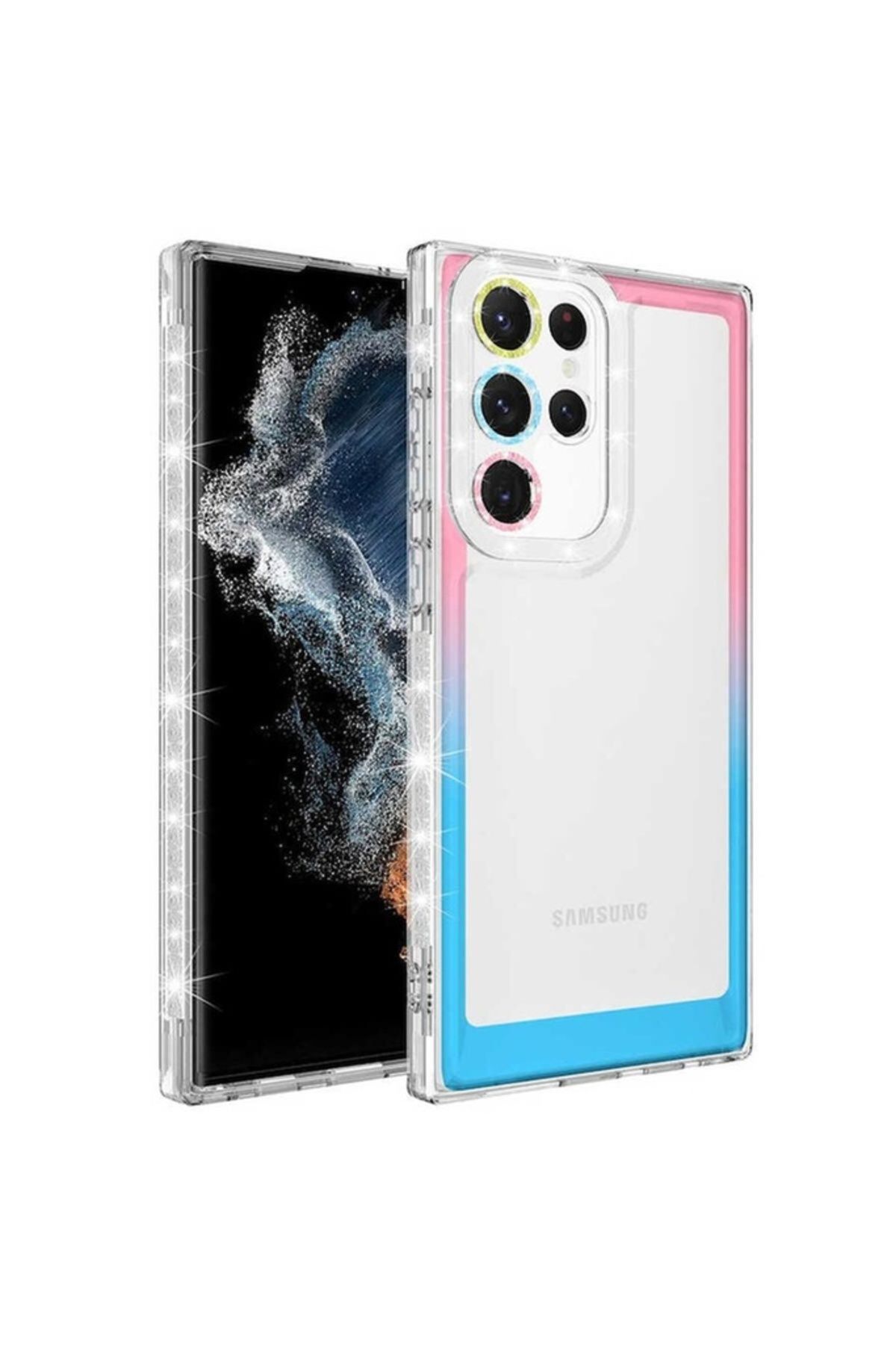 Megafox Teknoloji Samsung Galaxy S22 Ultra Uyumlu Kılıf Simli ve Renk Geçiş Tasarımlı Lens Korumalı Park Kapak