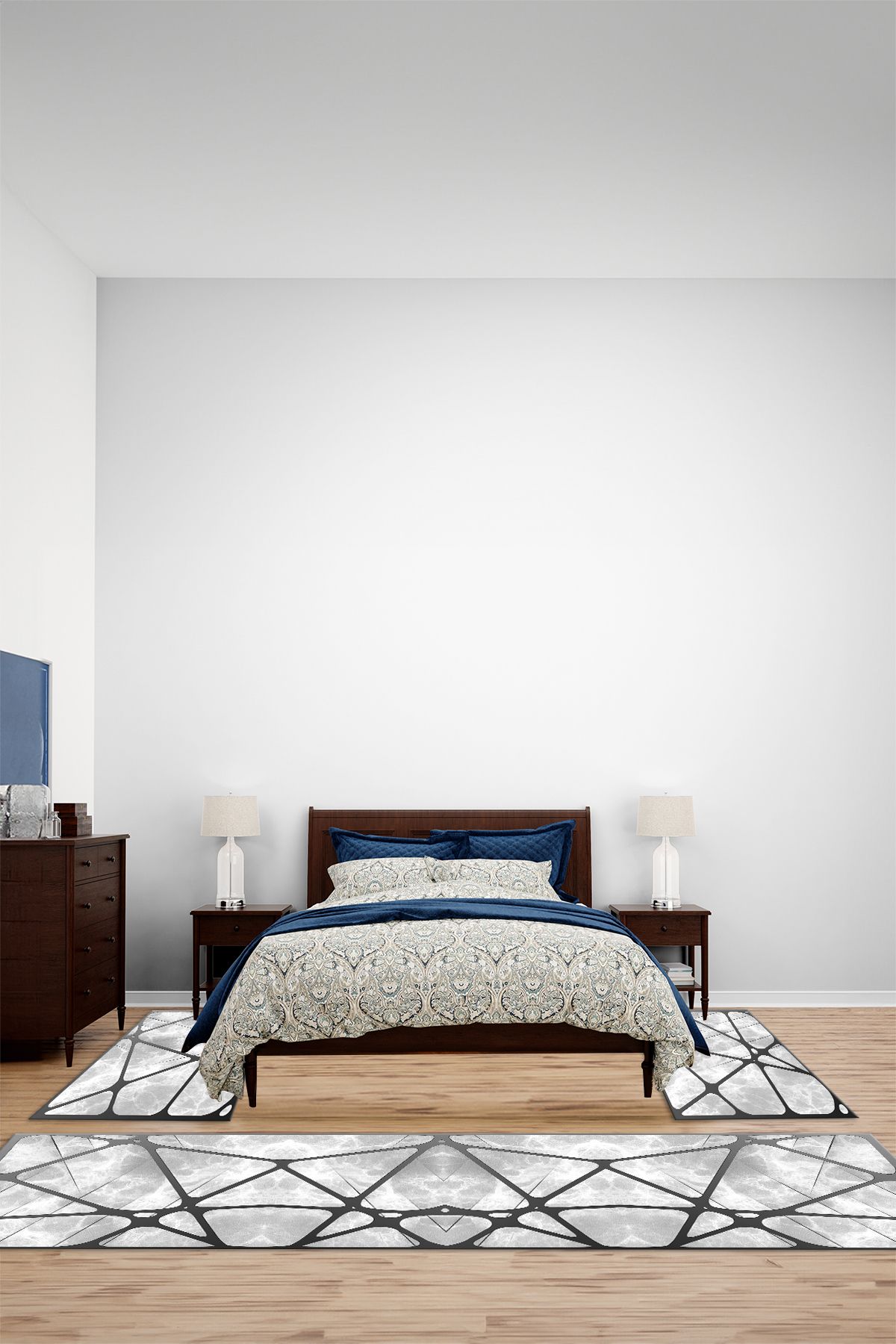 Viyana Home Modern Dijital Kaymaz Taban Boyalı Desen Yıkanabilir Üçlü Yatak Odası Halısı, YO-MODERN-306-GRİ,